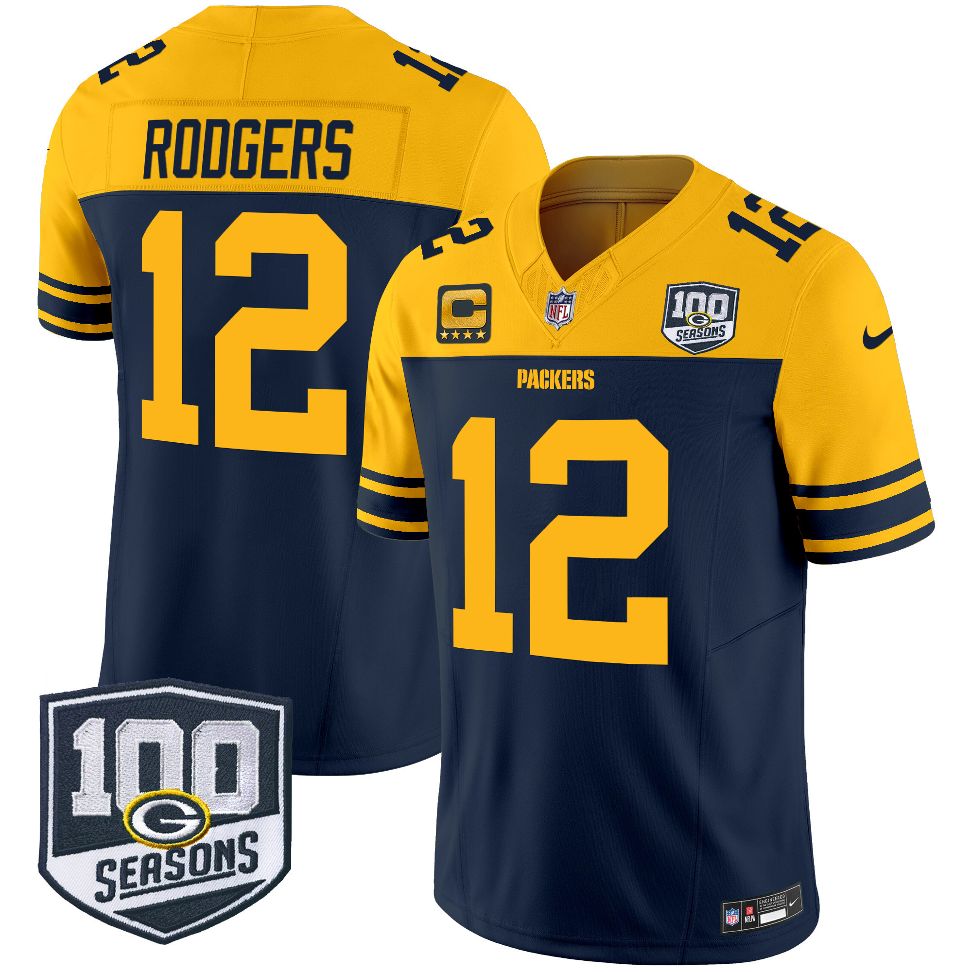 Men's Aaron Rodgers Green Bay Packers Throwback 100th Season Patch Vapor Limited Navy Jersey - All Stitched