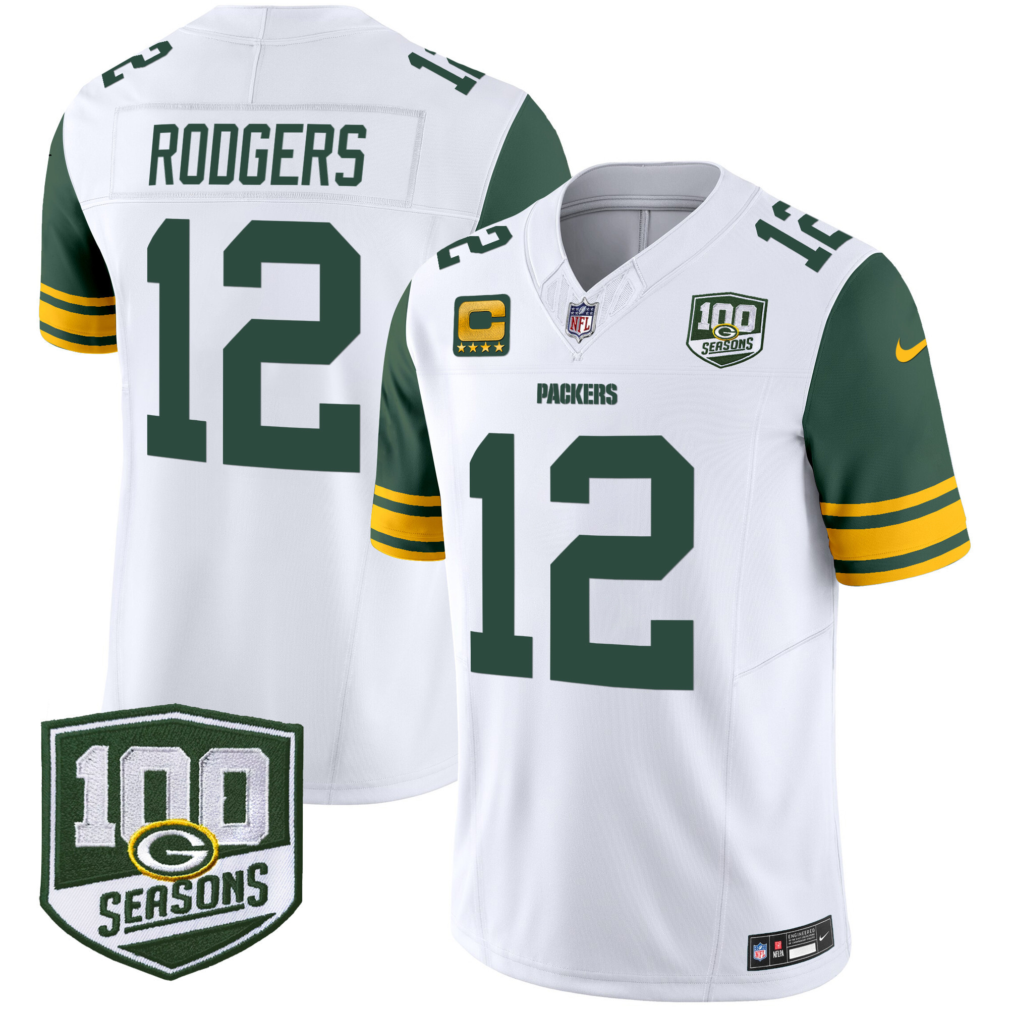 Men's Aaron Rodgers Green Bay Packers Throwback 100th Season Patch Vapor Limited White Jersey - All Stitched