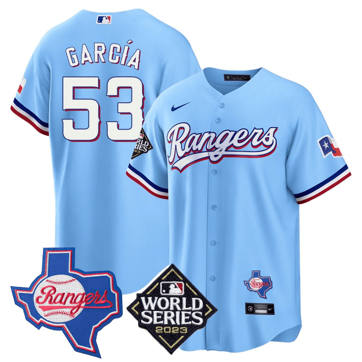 Men's Adolis Garcia Texas Rangers 2023 World Series & Texas State Patch Cool Base Gold Blue Jersey V2 ñ All Stitched