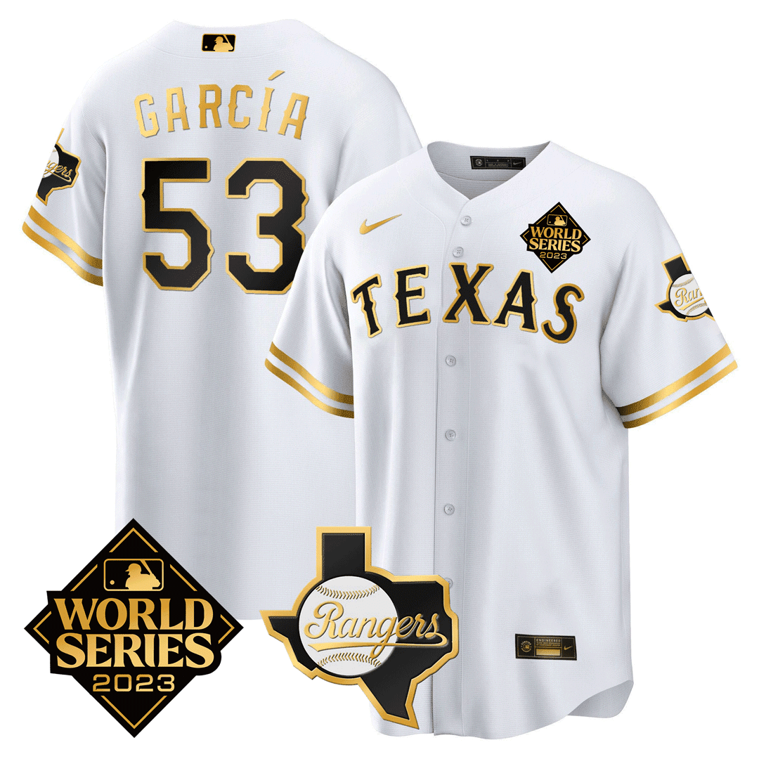 Men's Adolis Garcia Texas Rangers 2023 World Series & Texas State Patch Gold Jersey - All Stitched - Gold White