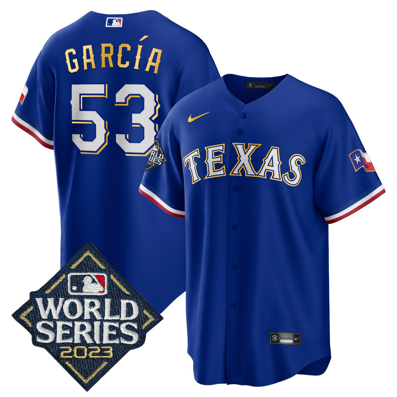 MEN'S ADOLIS GARCIA TEXAS RANGERS 2023 WORLD SERIES COOL BASE GOLD TRIM JERSEY - ALL STITCHED