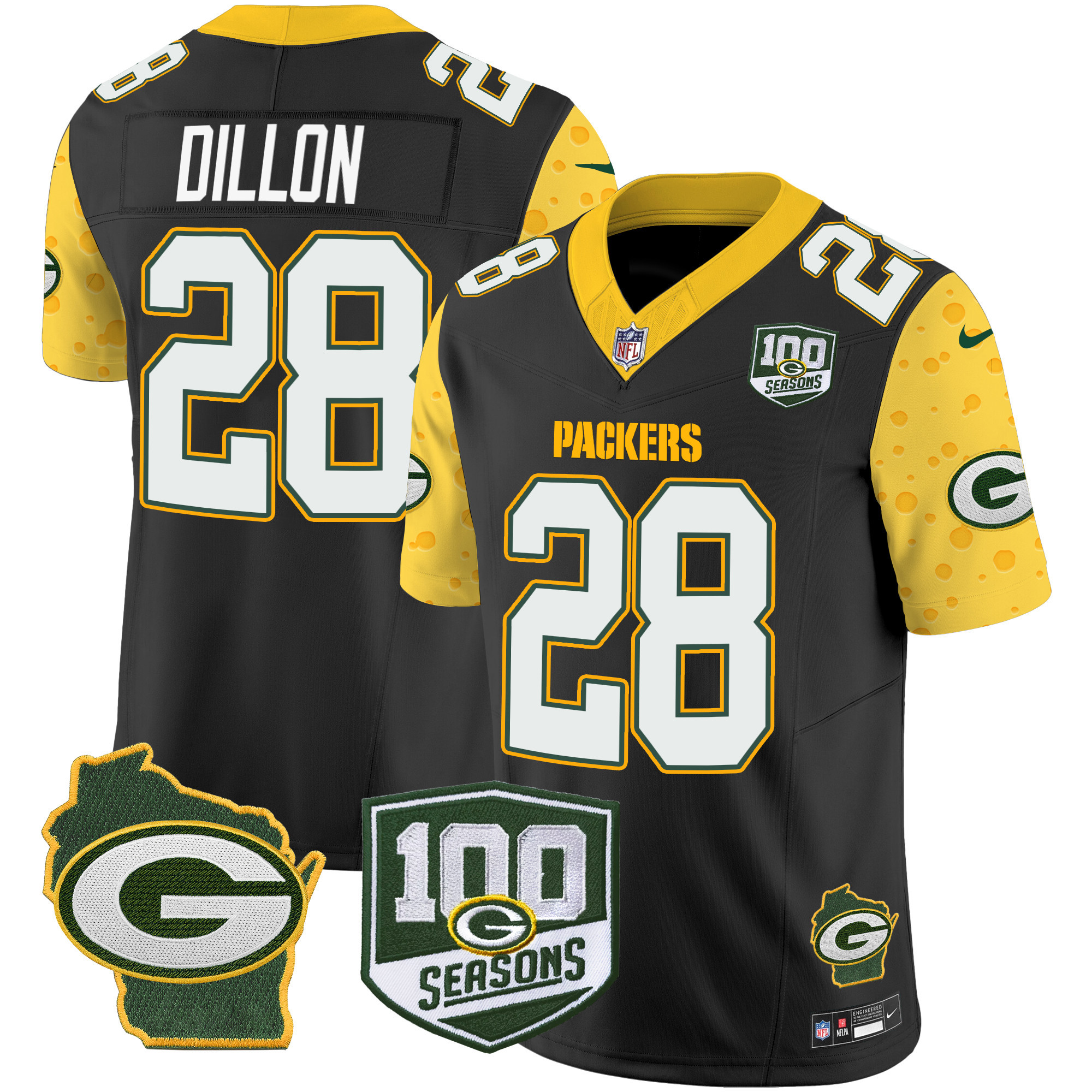 Men's AJ Dillon Green Bay Packers 100th Season & Home Patch Cheese Vapor Limited Black Jersey – All Stitched