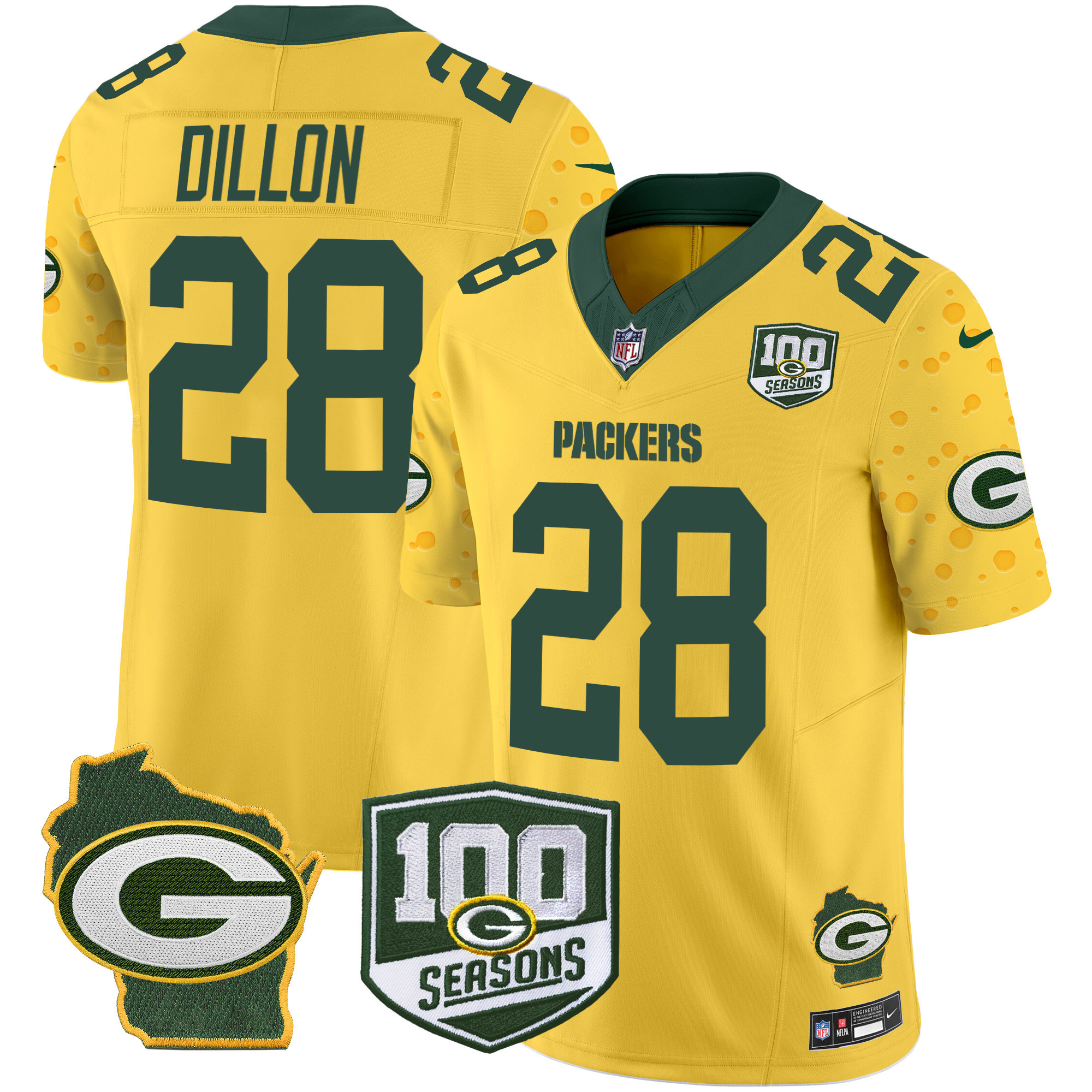 Men's AJ Dillon Green Bay Packers 100th Season & Home Patch Cheese Vapor Limited Gold Jersey – All Stitched