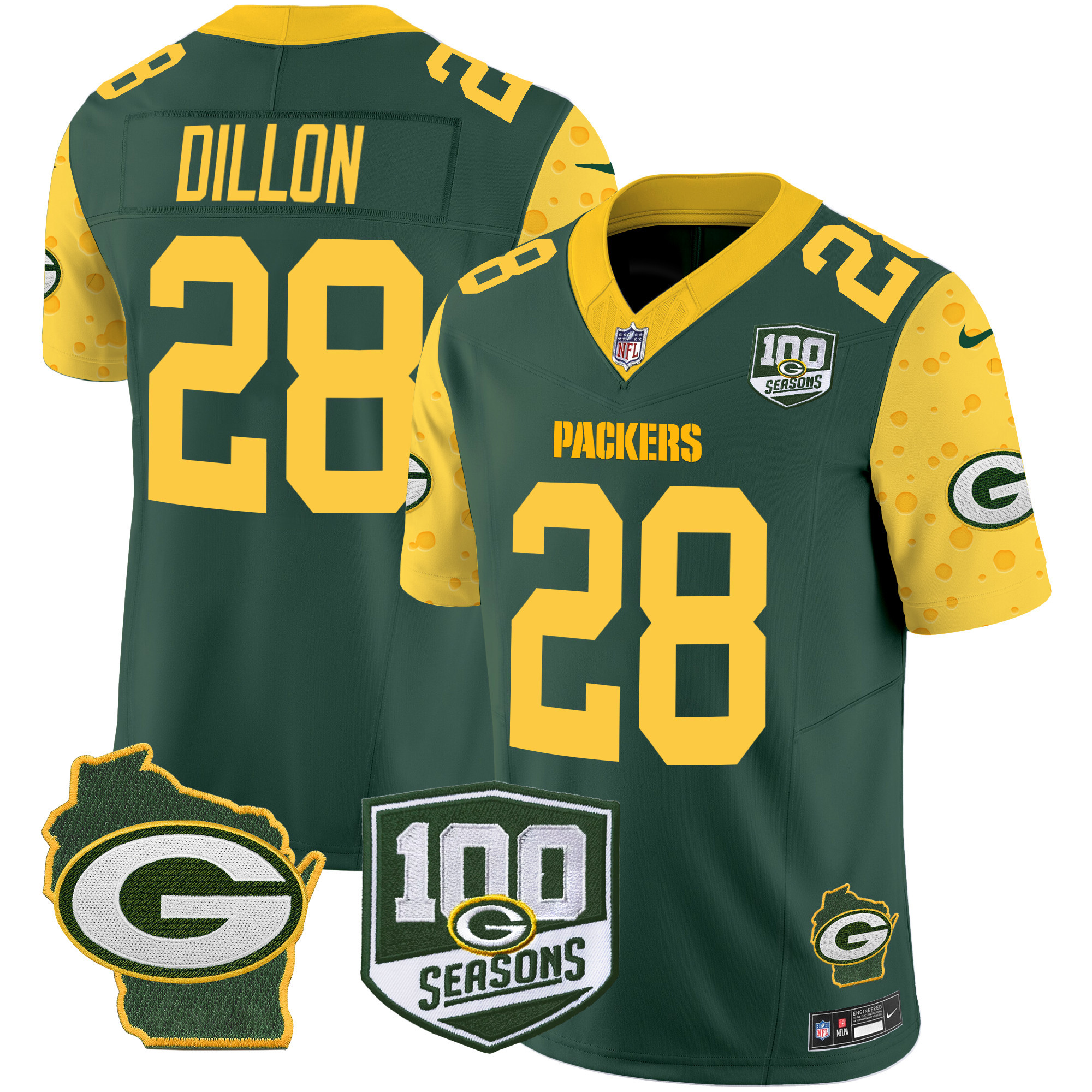 Men's AJ Dillon Green Bay Packers 100th Season & Home Patch Cheese Vapor Limited Green Jersey – All Stitched