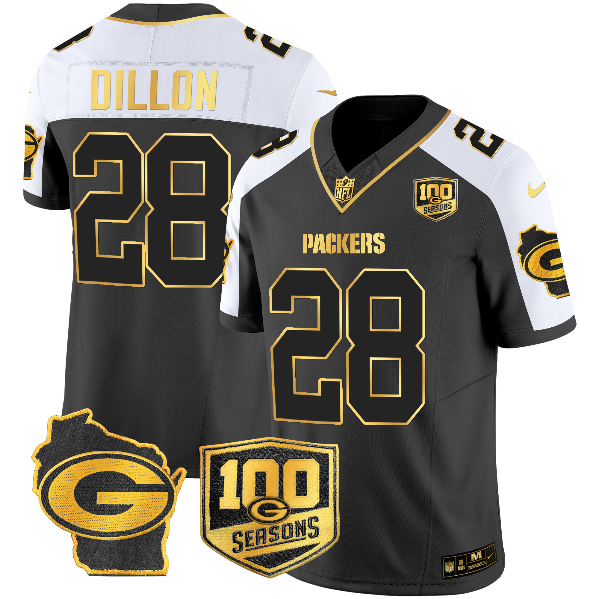 Men's AJ Dillon Green Bay Packers 100th Season & Home Patch Gold Vapor Limited Alternate Jersey – All Stitched