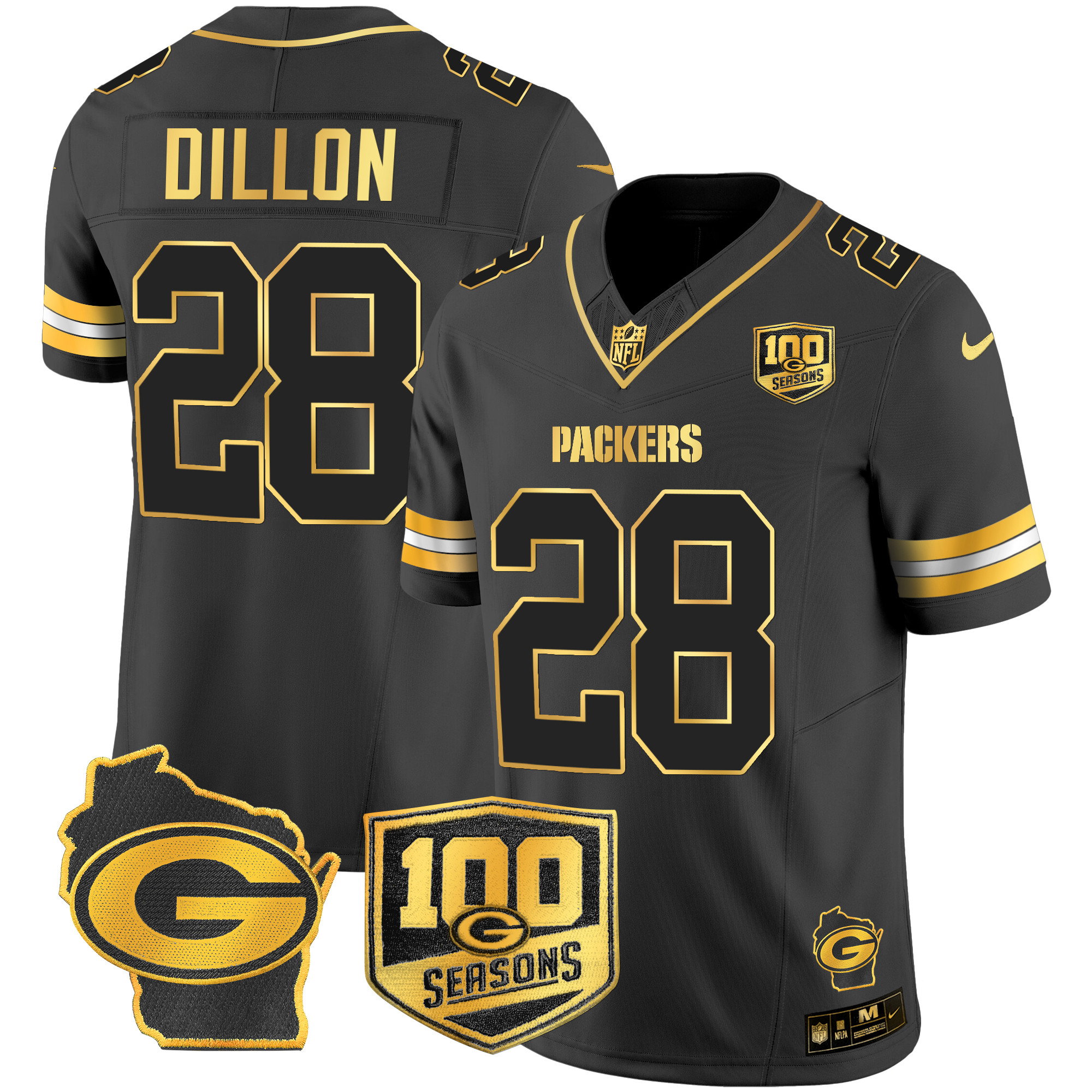 Men's AJ Dillon Green Bay Packers 100th Season & Home Patch Gold Vapor Limited Black Gold Jersey – All Stitched