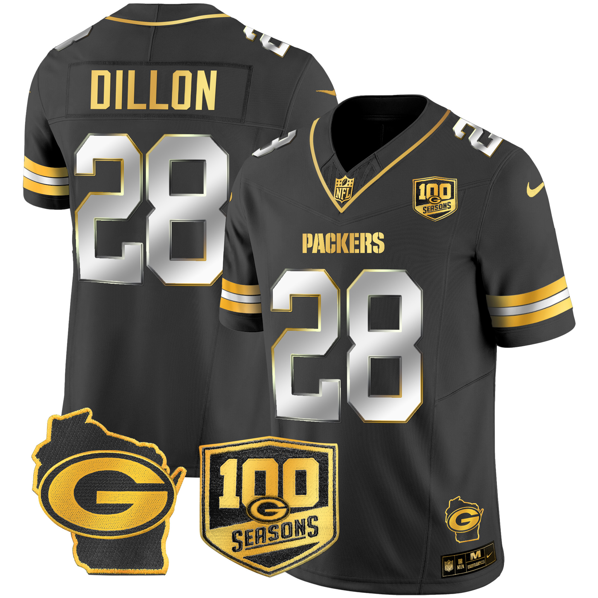 Men's AJ Dillon Green Bay Packers 100th Season & Home Patch Gold Vapor Limited Black Limited Jersey – All Stitched