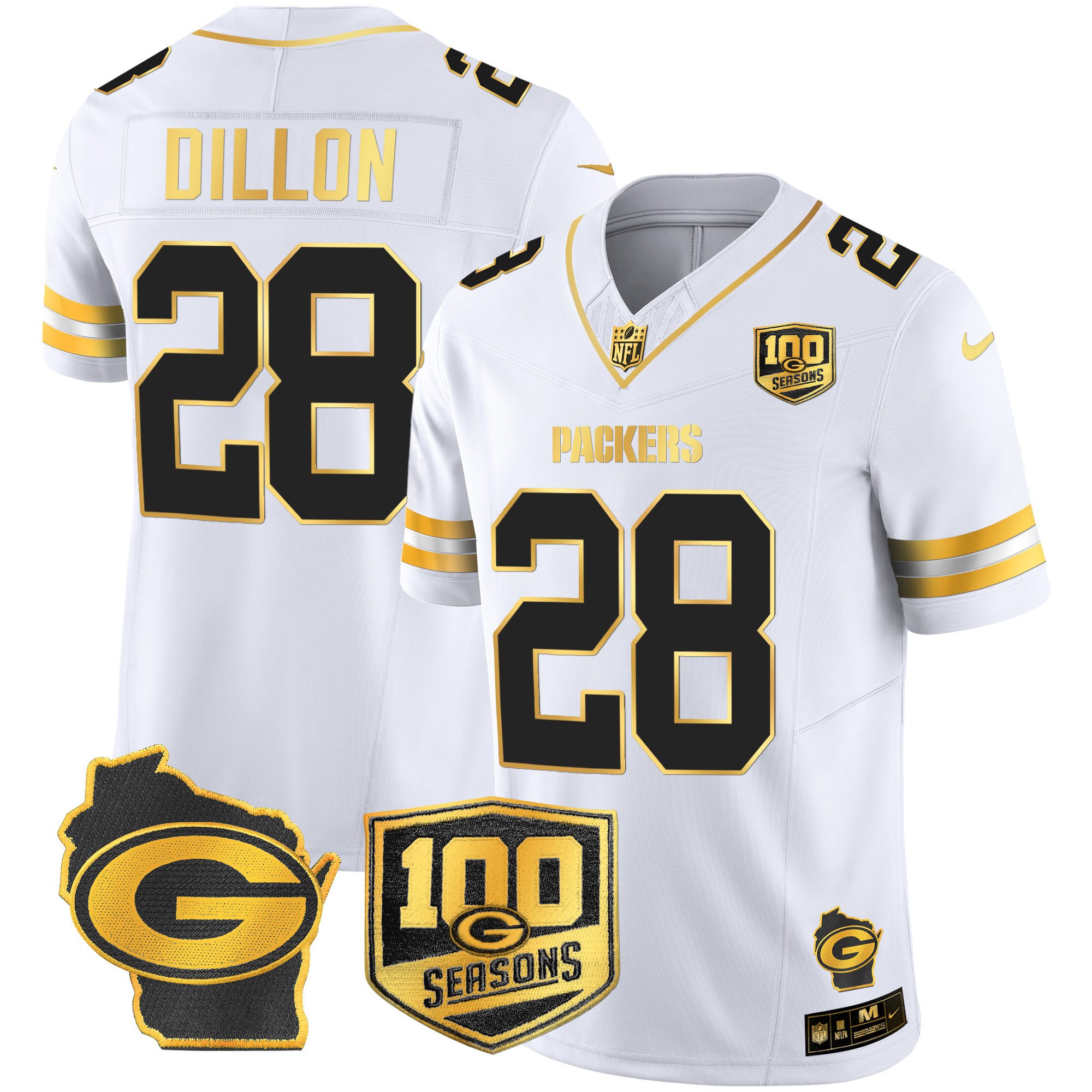 Men's AJ Dillon Green Bay Packers 100th Season & Home Patch Gold Vapor Limited White Gold Jersey – All Stitched