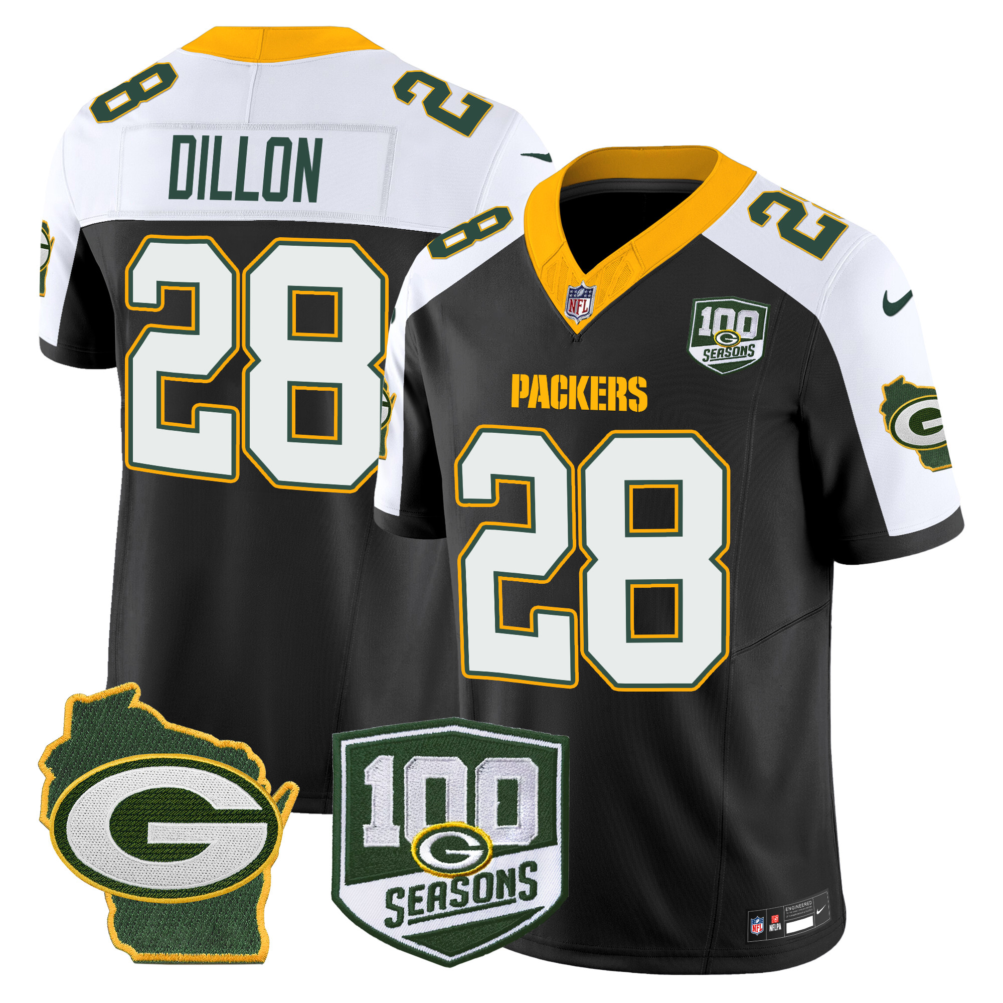 Men's AJ Dillon Green Bay Packers 100th Season & Home Patch Vapor Limited Black Alternate Jersey - All Stitched