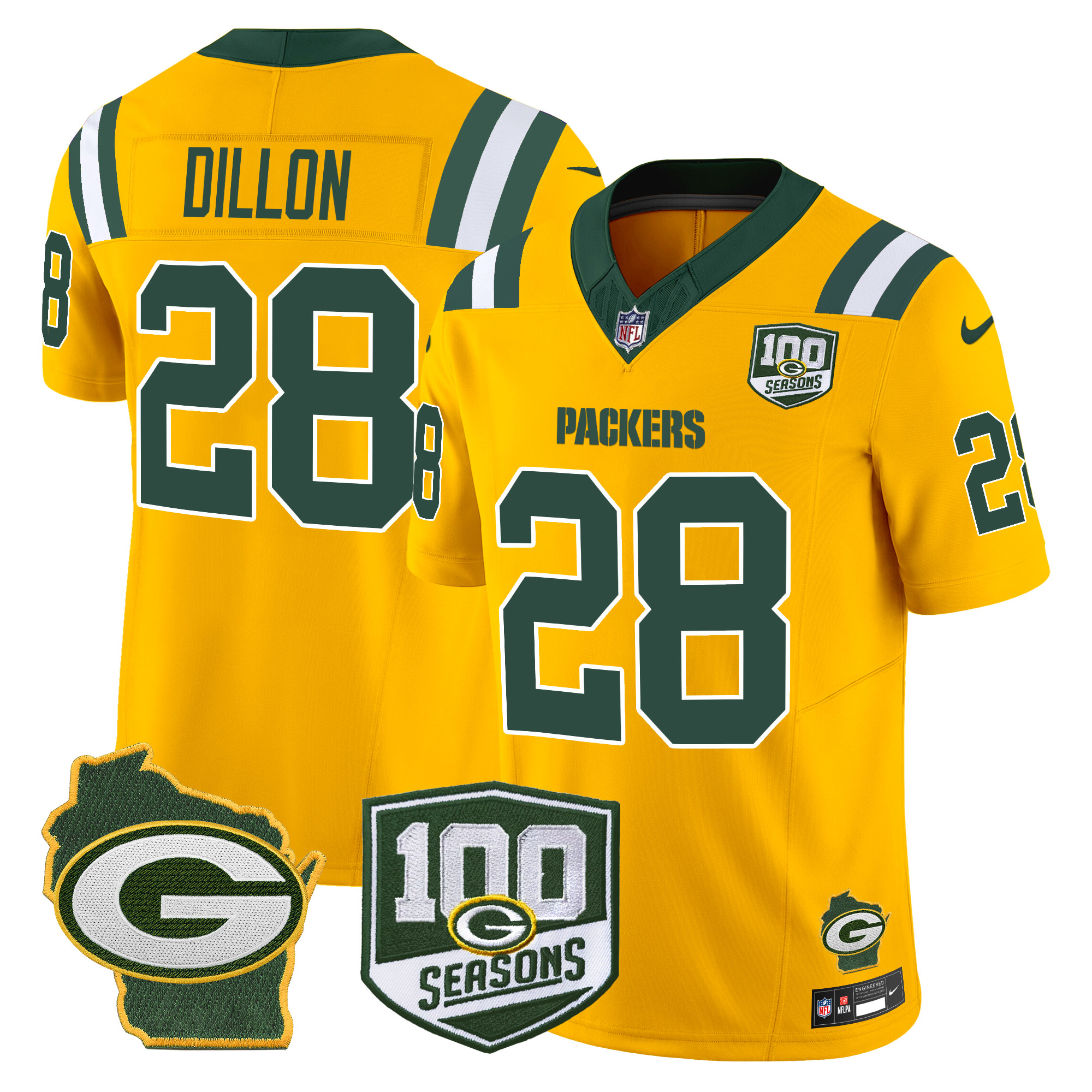 Men's AJ Dillon Green Bay Packers 100th Season & Home Patch Vapor Limited Gold Jersey - All Stitched