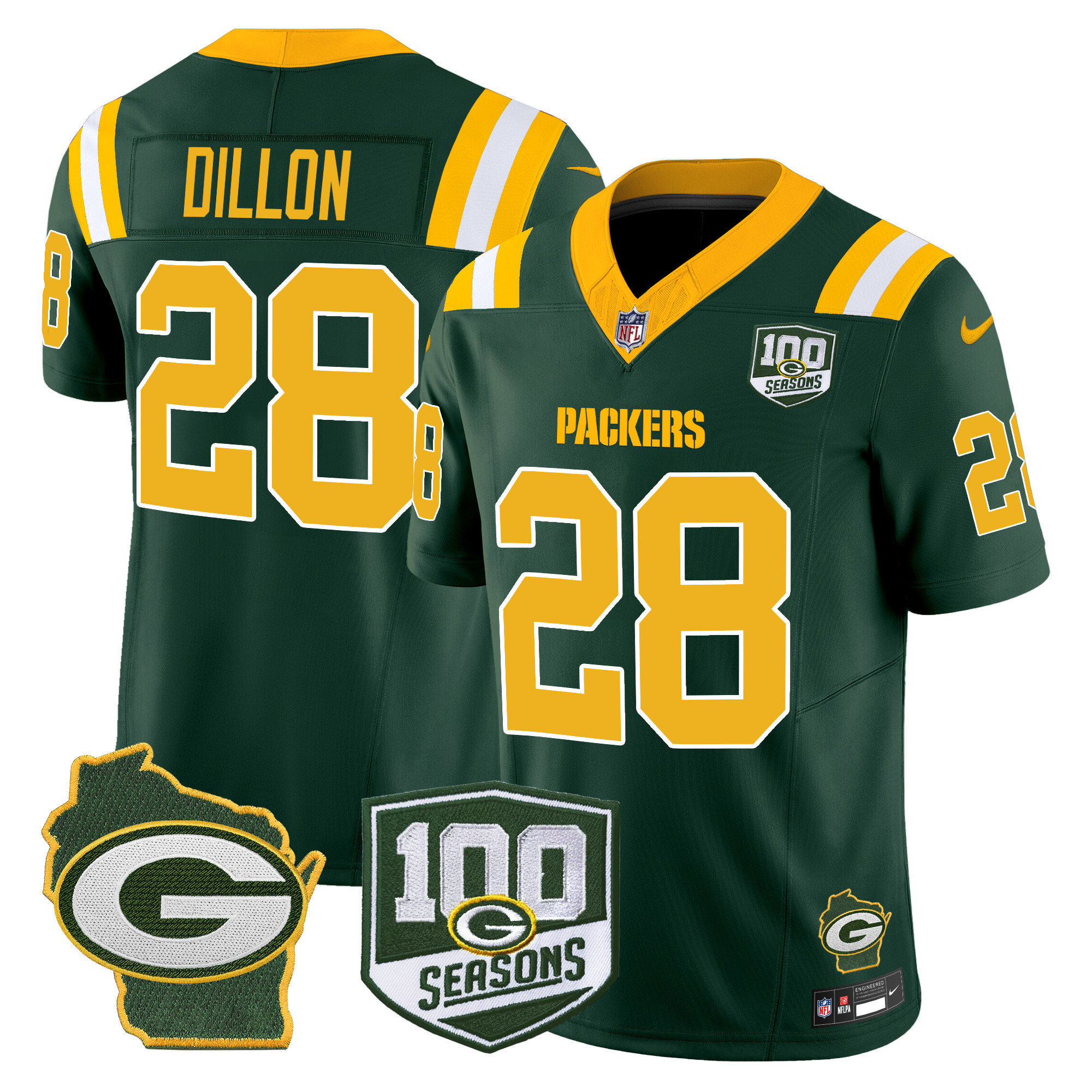 Men's AJ Dillon Green Bay Packers 100th Season & Home Patch Vapor Limited Green Jersey - All Stitched