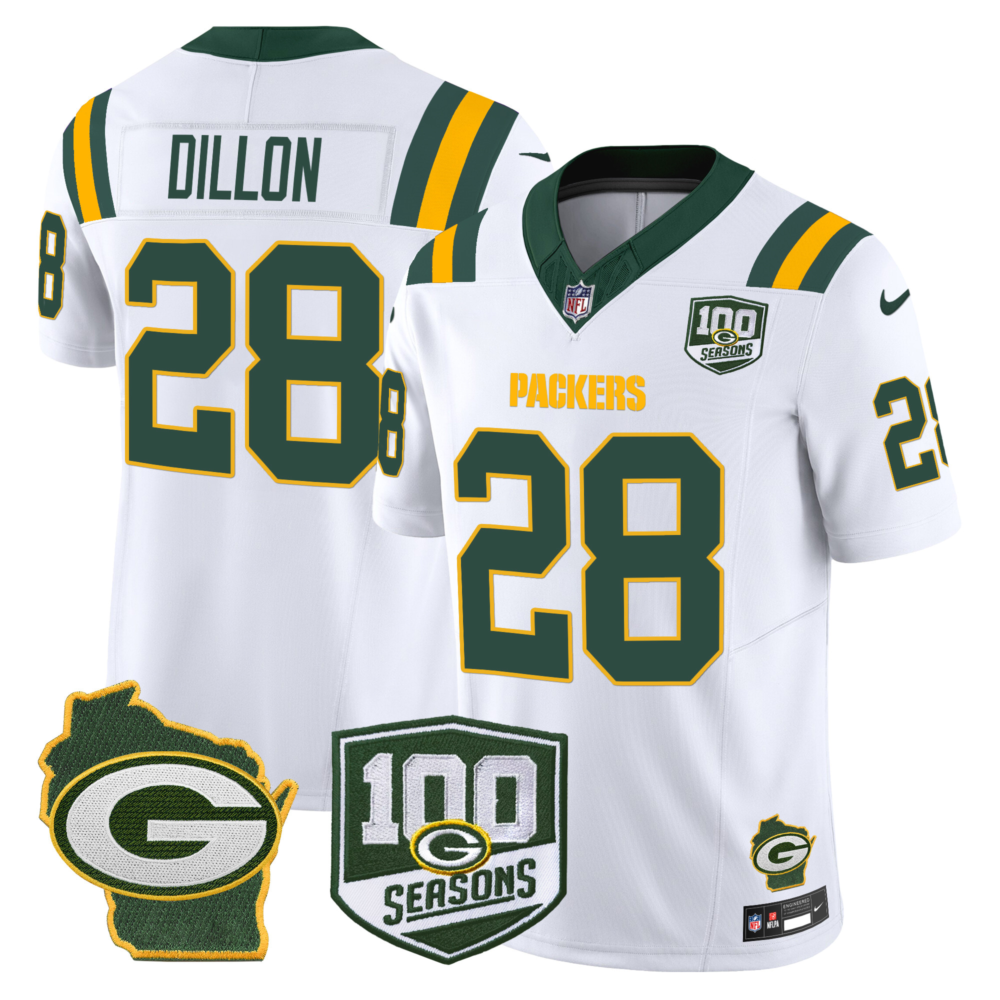 Men's AJ Dillon Green Bay Packers 100th Season & Home Patch Vapor Limited White Jersey - All Stitched
