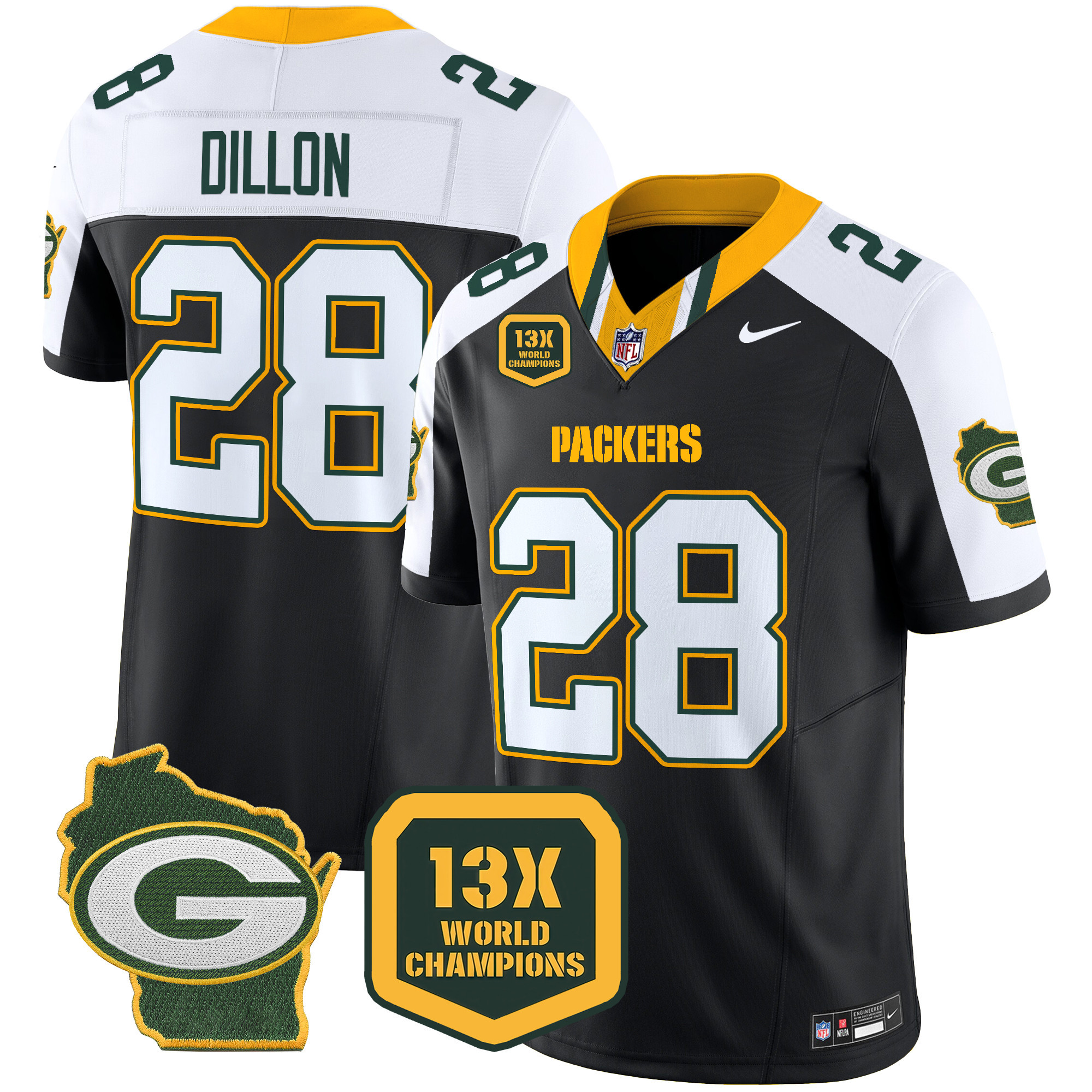 Men's AJ Dillon Green Bay Packers 13 Time World Champions & Home Patch Vapor Limited Black Alternate Jersey – All Stitched