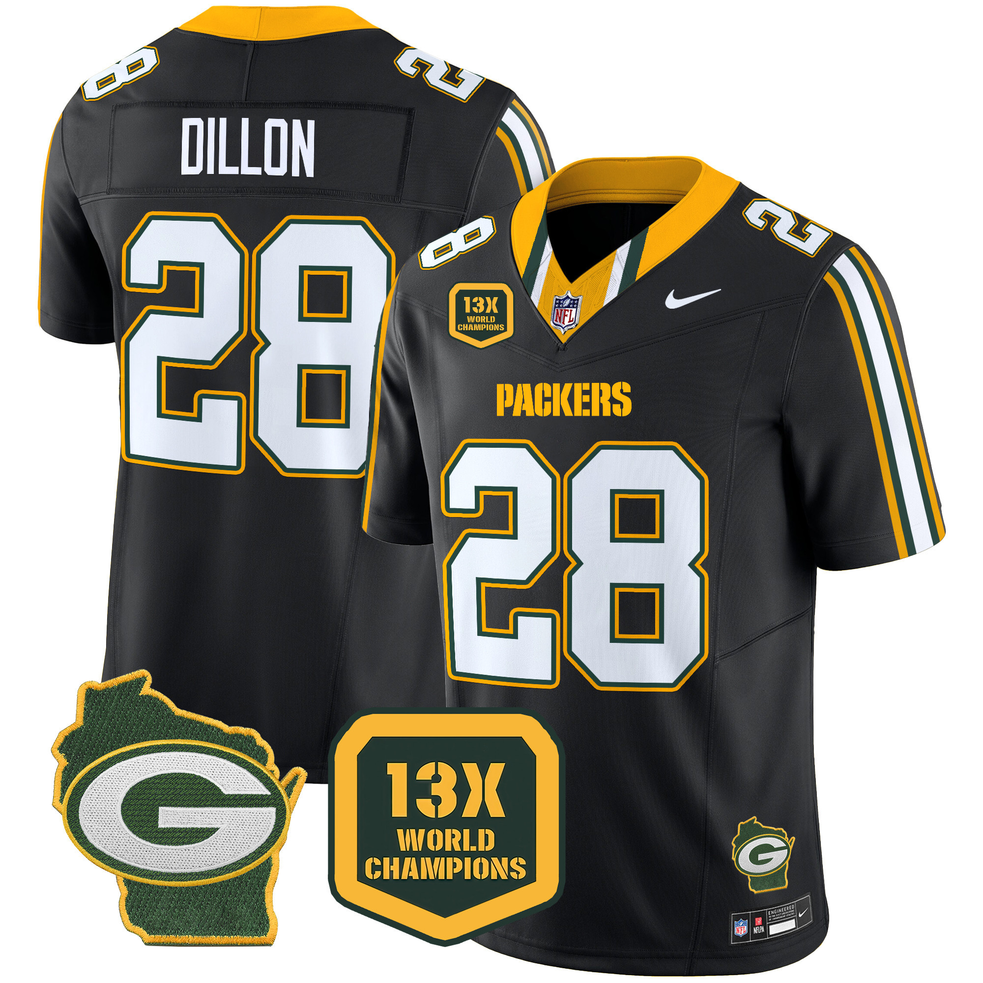Men's AJ Dillon Green Bay Packers 13 Time World Champions & Home Patch Vapor Limited Black Jersey – All Stitched