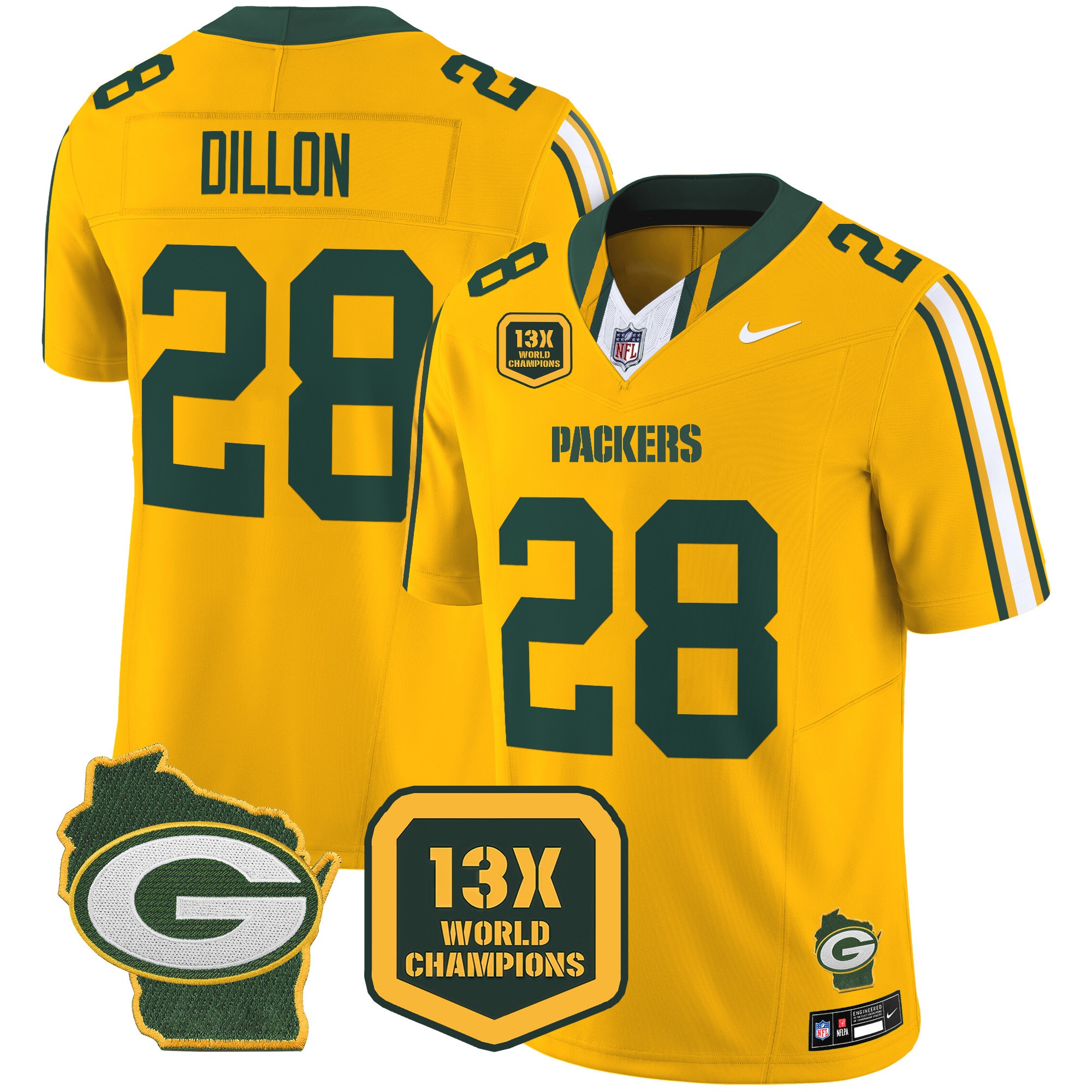 Men's AJ Dillon Green Bay Packers 13 Time World Champions & Home Patch Vapor Limited Gold Jersey – All Stitched