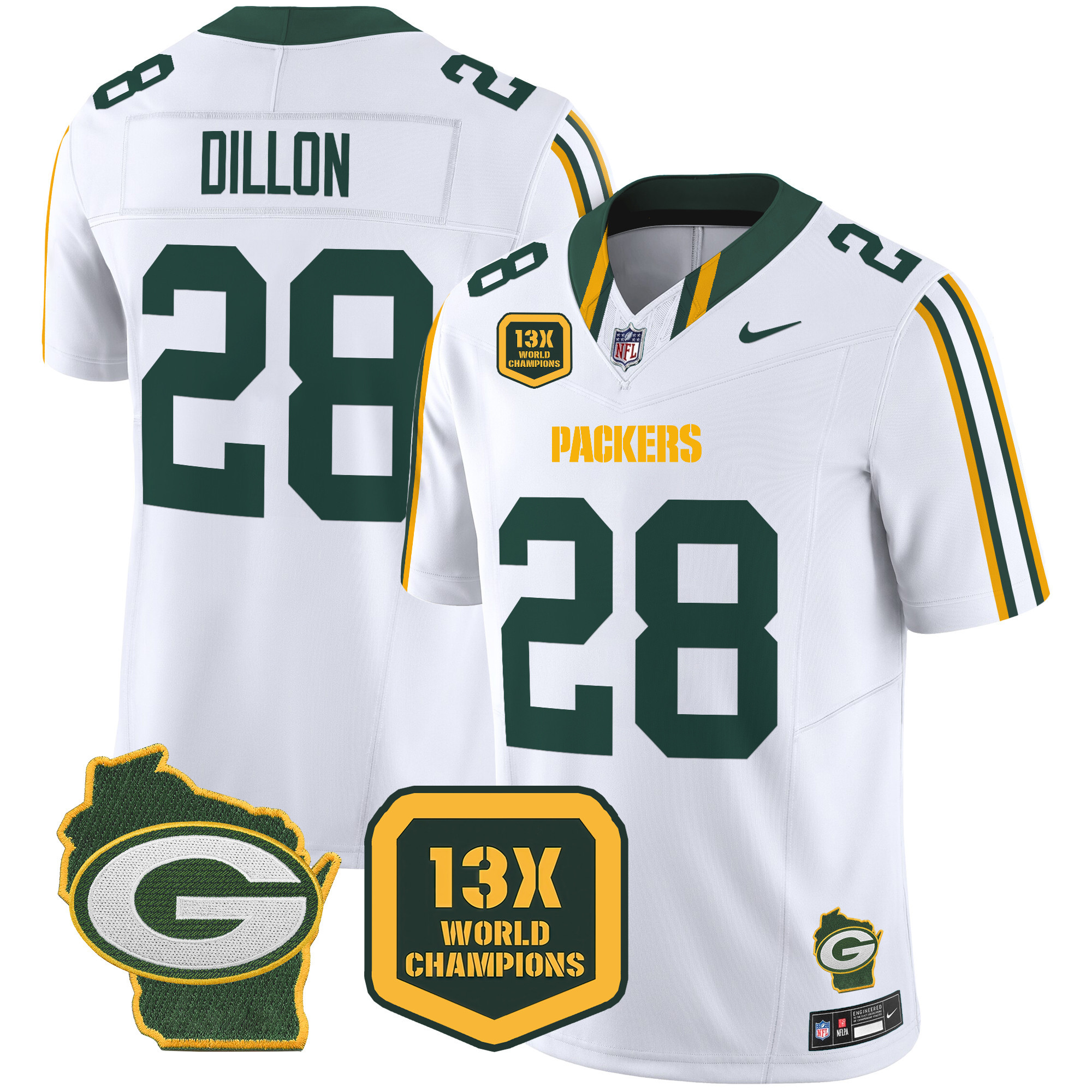 Men's AJ Dillon Green Bay Packers 13 Time World Champions & Home Patch Vapor Limited White Jersey – All Stitched