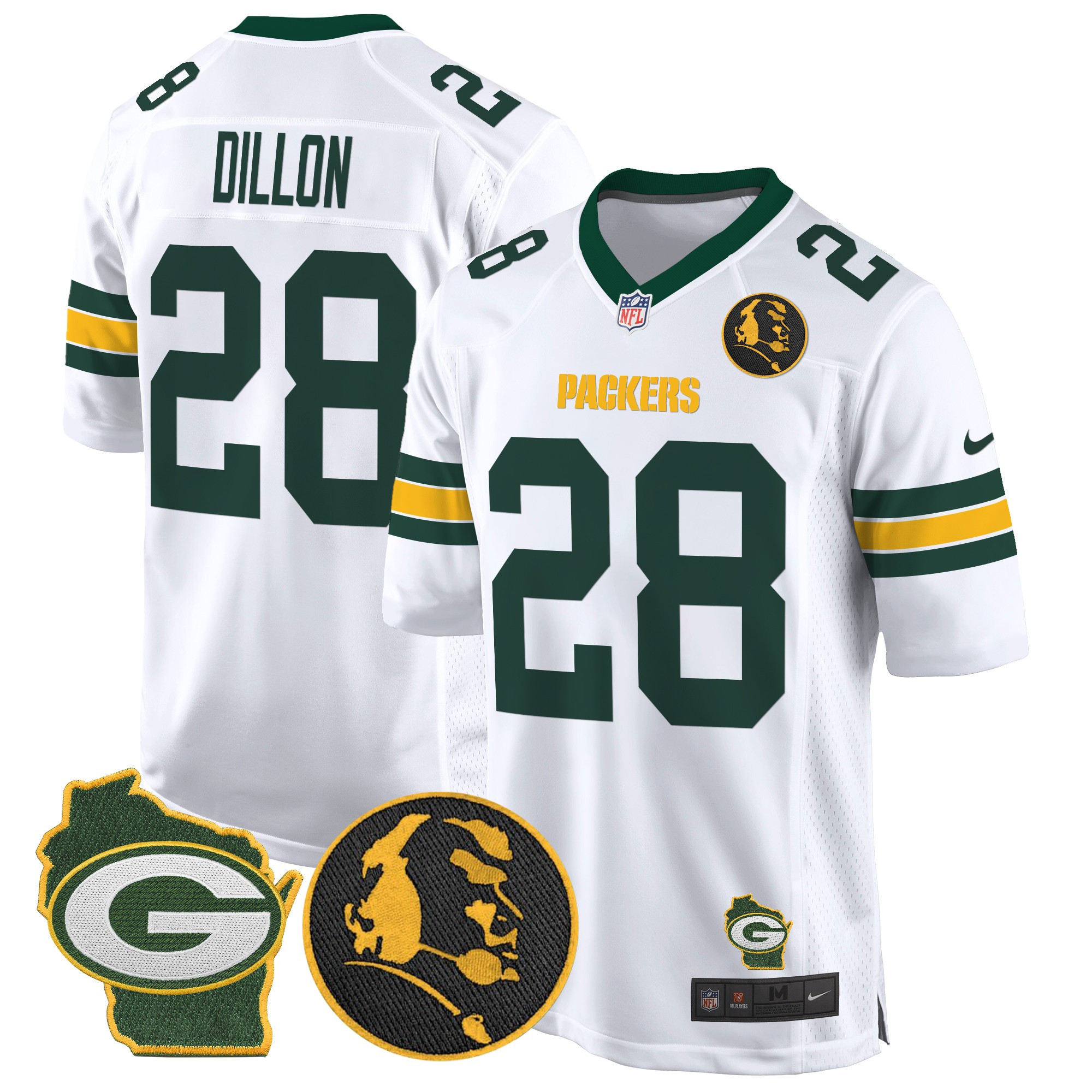 Men's AJ Dillon Green Bay Packers John Madden & Home Patch Game White Jersey - All Stitched