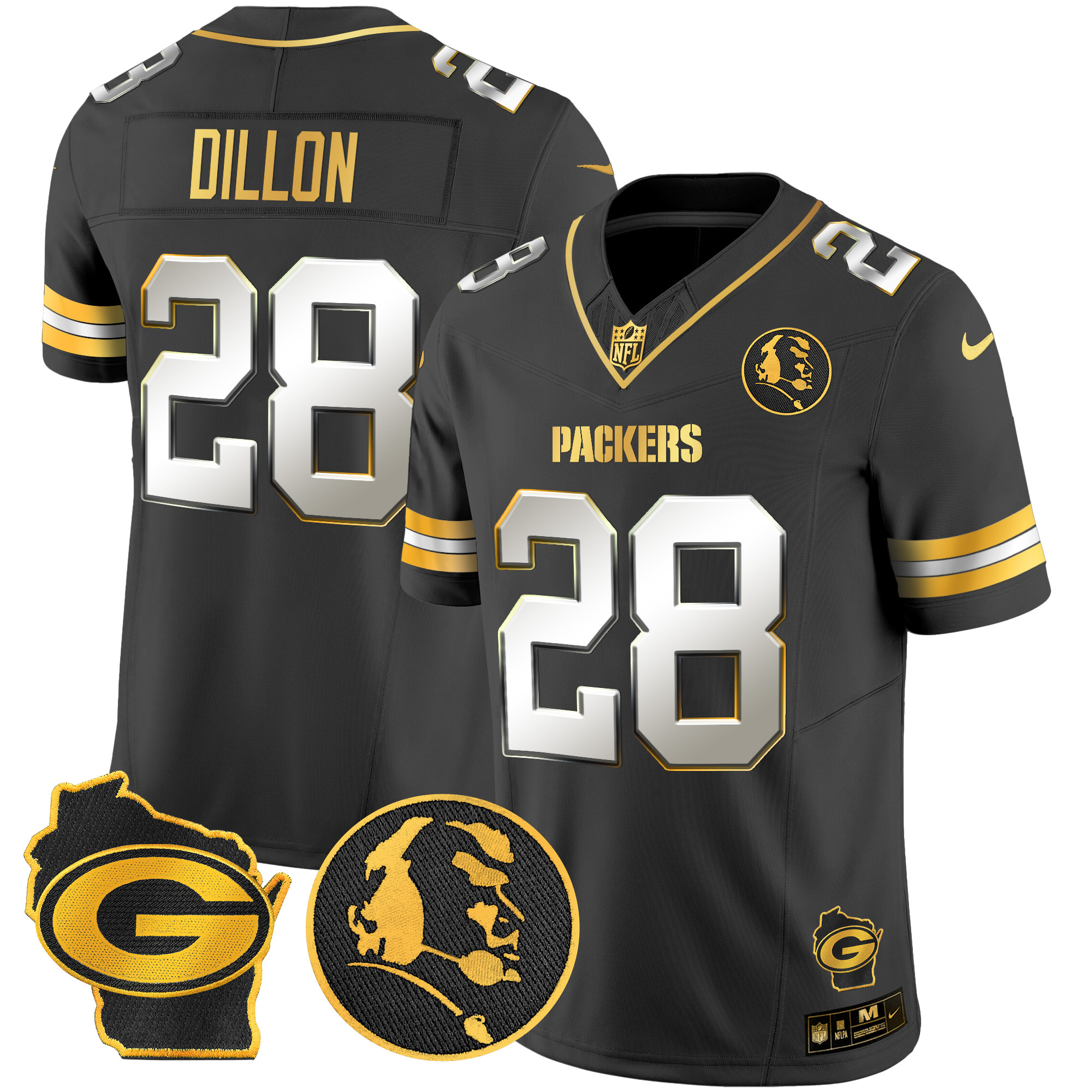 Men's AJ Dillon Green Bay Packers John Madden & Home Patch Gold Vapor Limited Black Limited Jersey - All Stitched