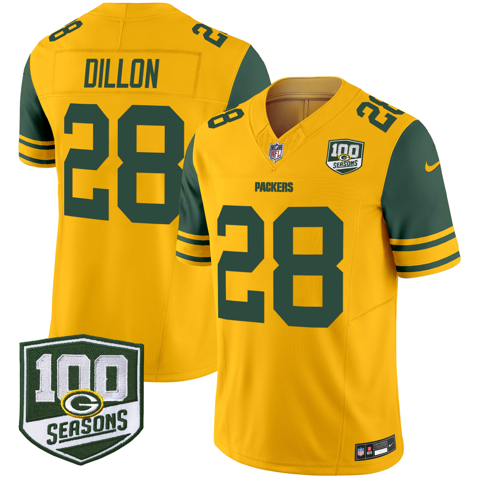 Men's AJ Dillon Green Bay Packers Throwback 100th Season Patch Vapor Limited Gold Jersey - All Stitched