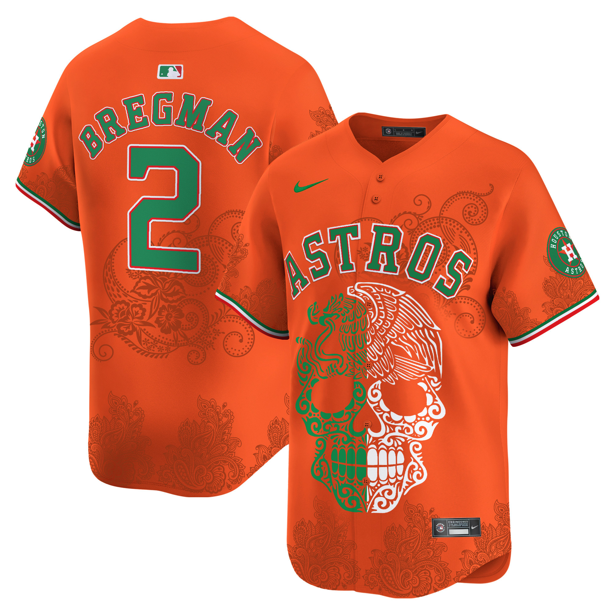 Men's Alex Bregman Houston Astros Aztec Warrior Skull Vapor Limited Orange Jersey - Printed