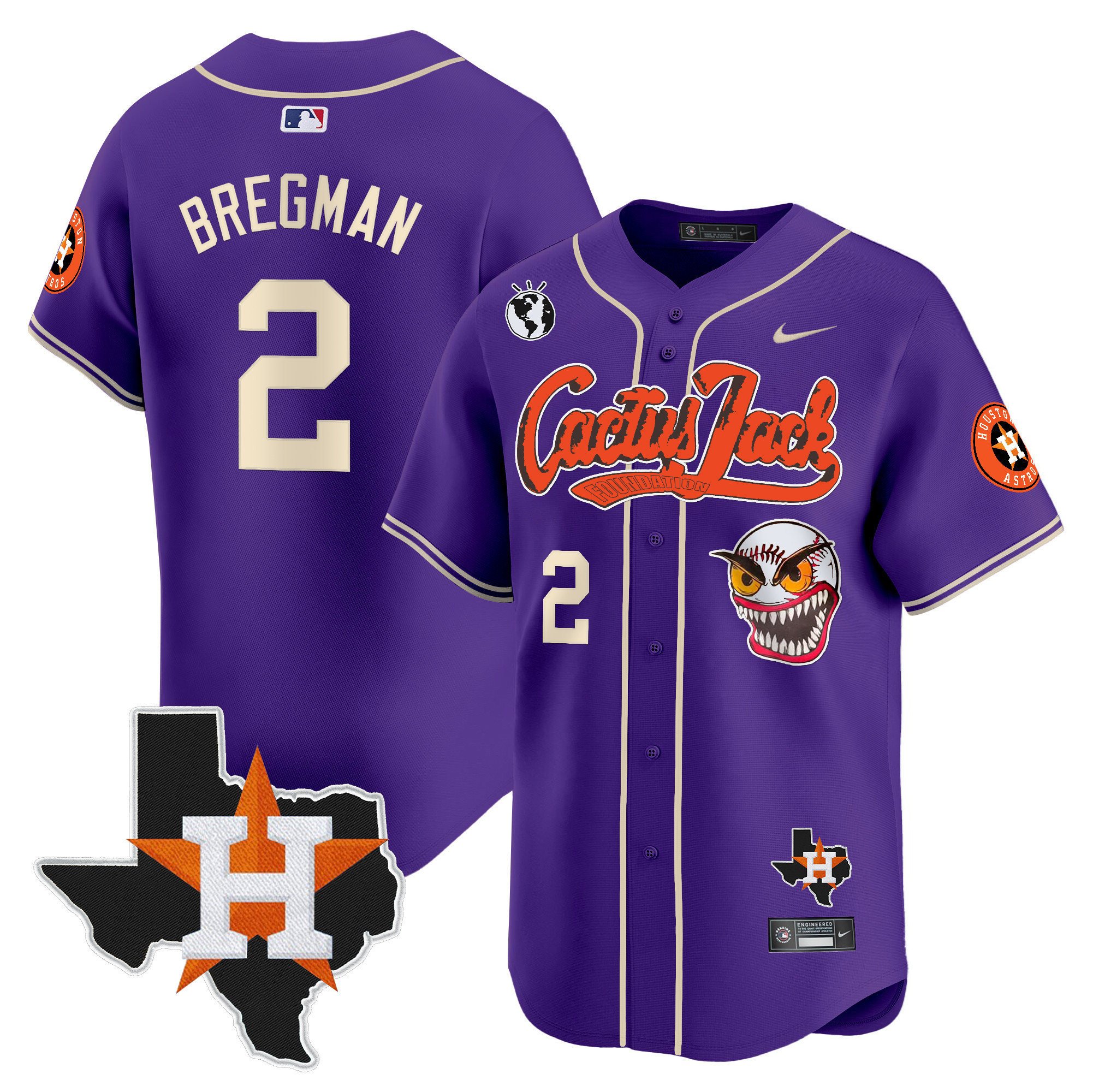 Men's Alex Bregman Houston Astros Cactus Jack Patch Vapor Premier Limited Purple Jersey V12 - Stitched