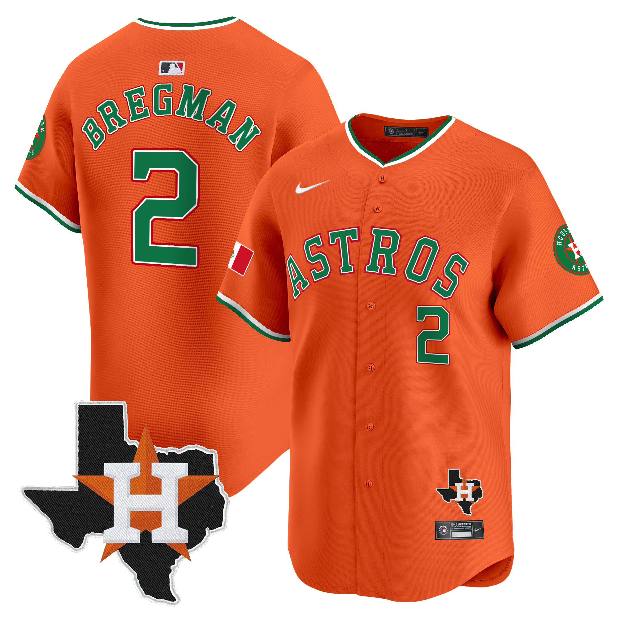 Men's Alex Bregman Houston Astros Mexico Texas Patch Vapor Premier Limited Orange Jersey V4 - All Stitched