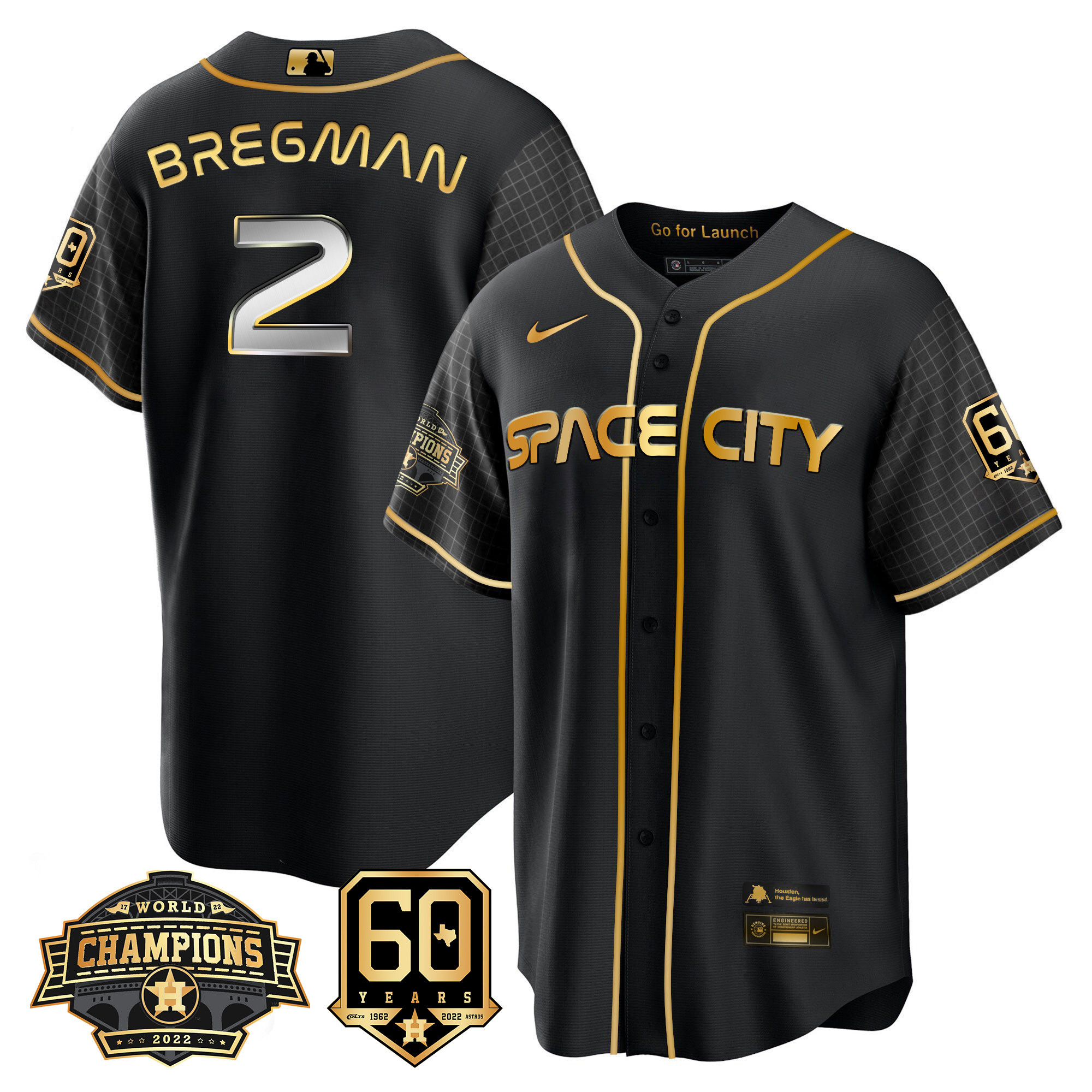 Men's Alex Bregman Houston Astros Space City 2022 Champions & 60th Anniversary Patch Cool Black Jersey ñ All Stitched