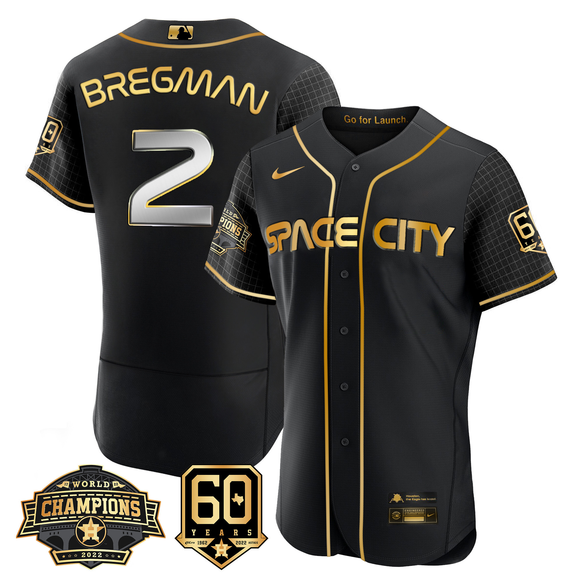 Men's Alex Bregman Houston Astros Space City 2022 Champions & 60th Anniversary Patch Flex Black Jersey ñ All Stitched