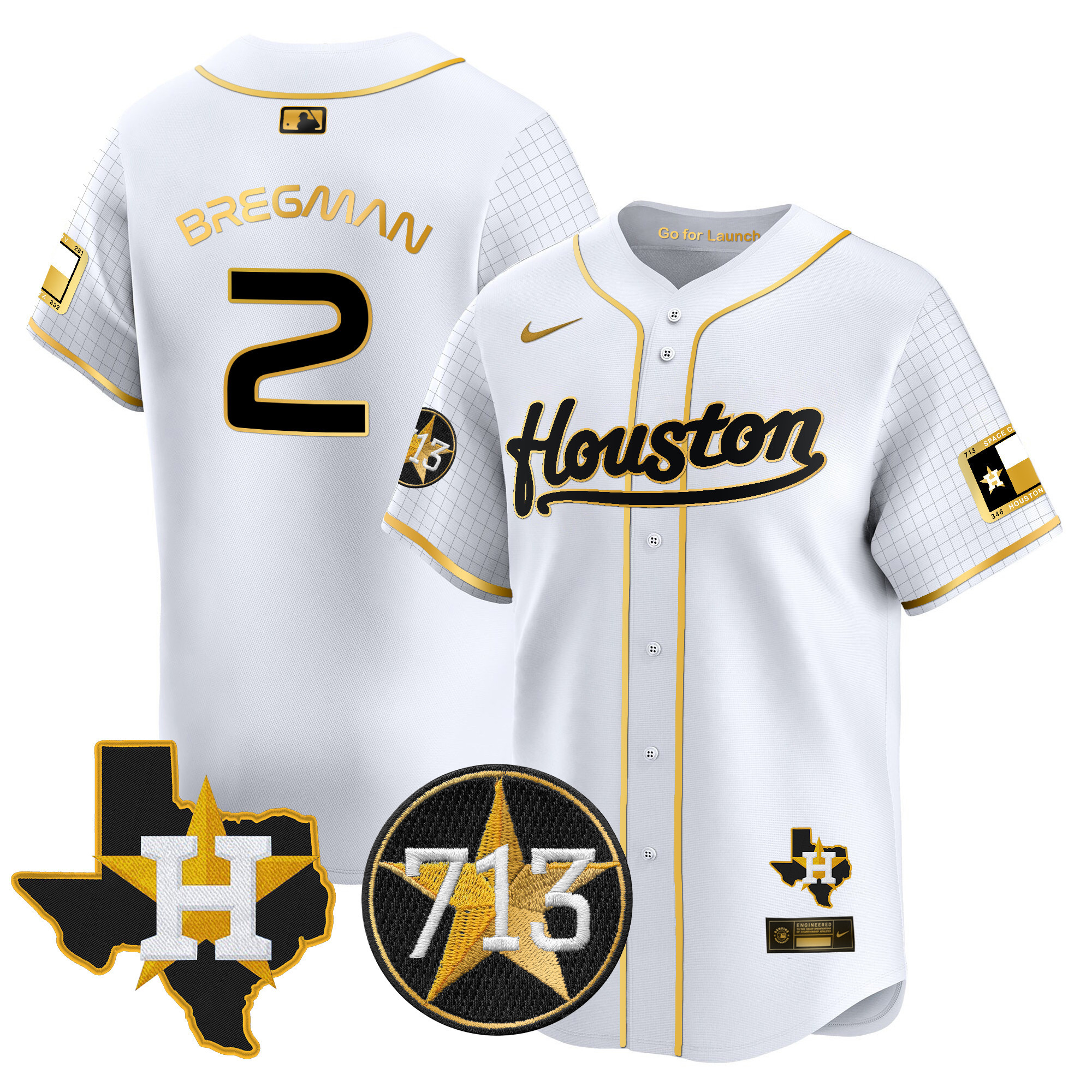 Men's Alex Bregman Houston Astros Space City 713 Patch Vapor Premier Limited White Gold Jersey - All Stitched