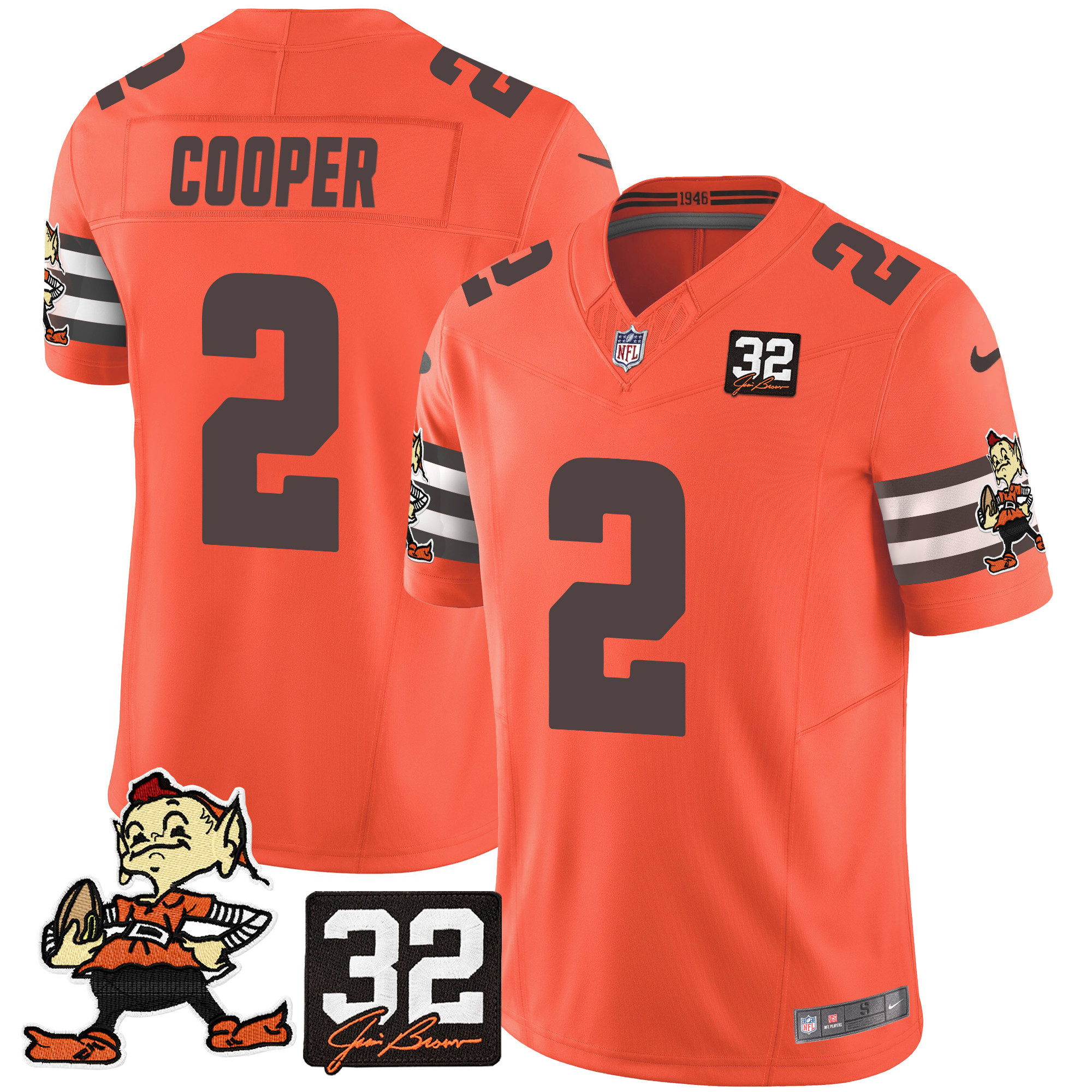 Men's Amari Cooper Cleveland Browns #32 Jim Brown Memorial Patch Vapor Limited Orange Jersey V2 - All Stitched