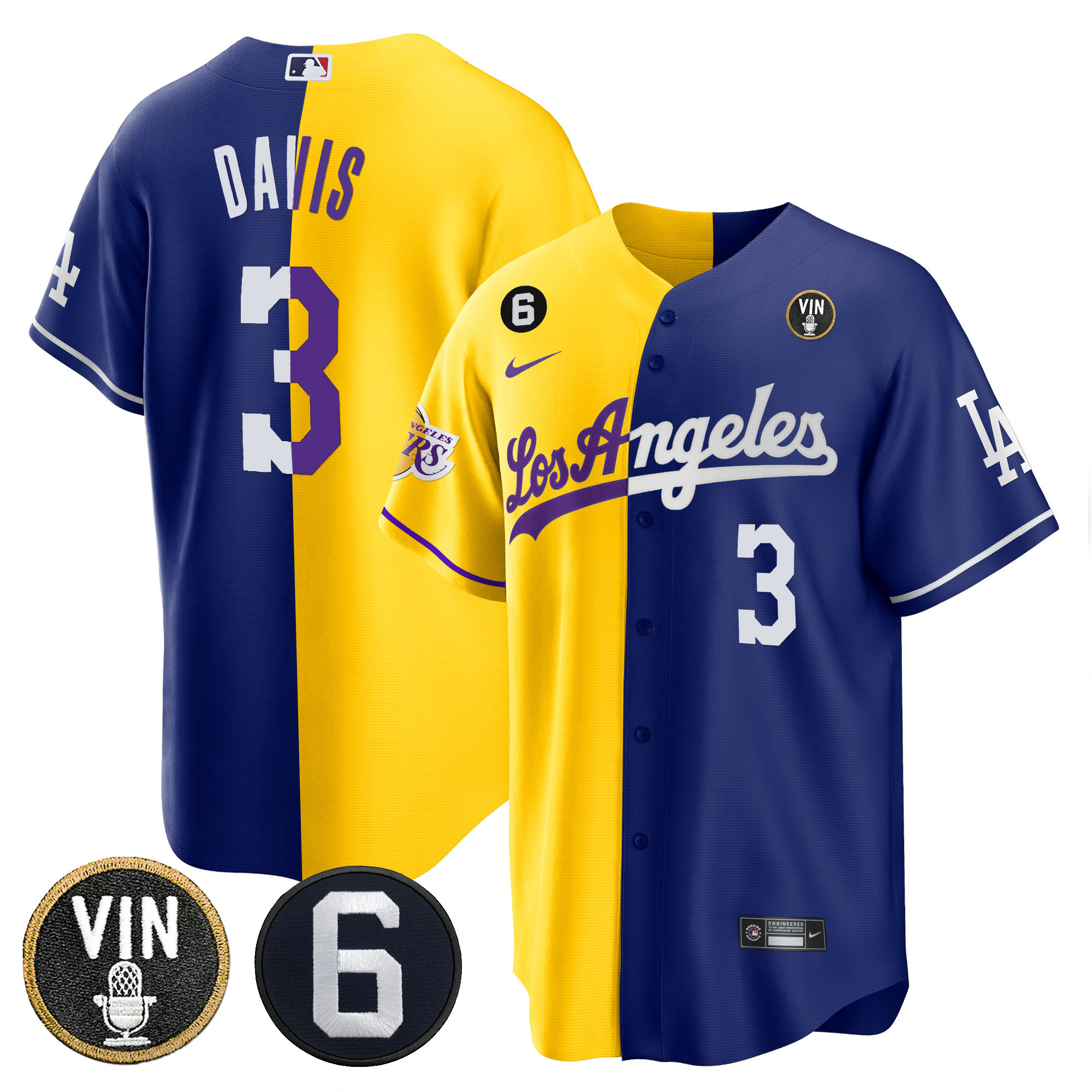 Men's Anthony Davis Split Los Angeles Dodgers - Lakers Cool Base Gold Royal Jersey - All Stitched