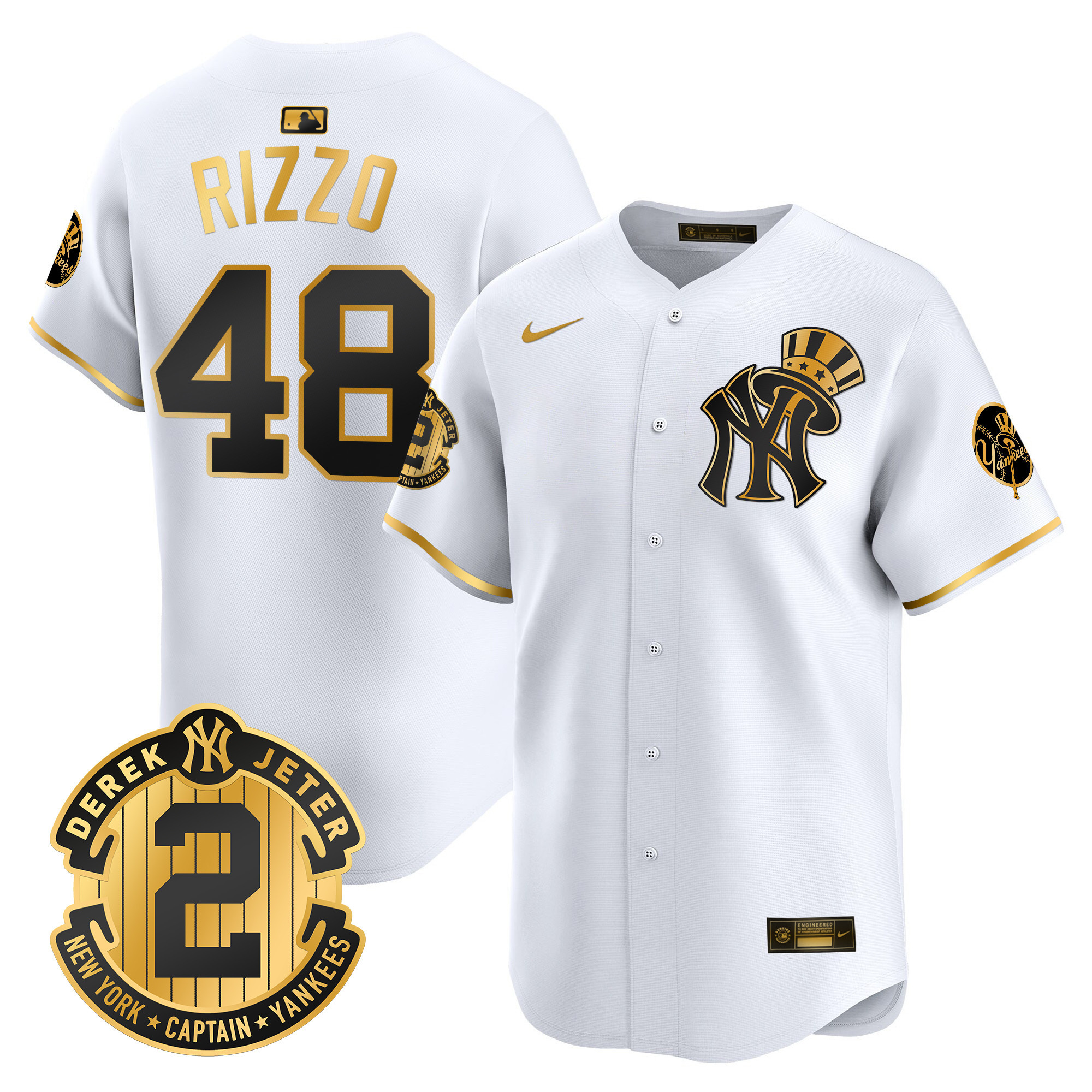 Men's Anthony Rizzo New York Yankees Derek Jeter Patch Vapor Premier Limited White Gold Jersey V2 - All Stitched