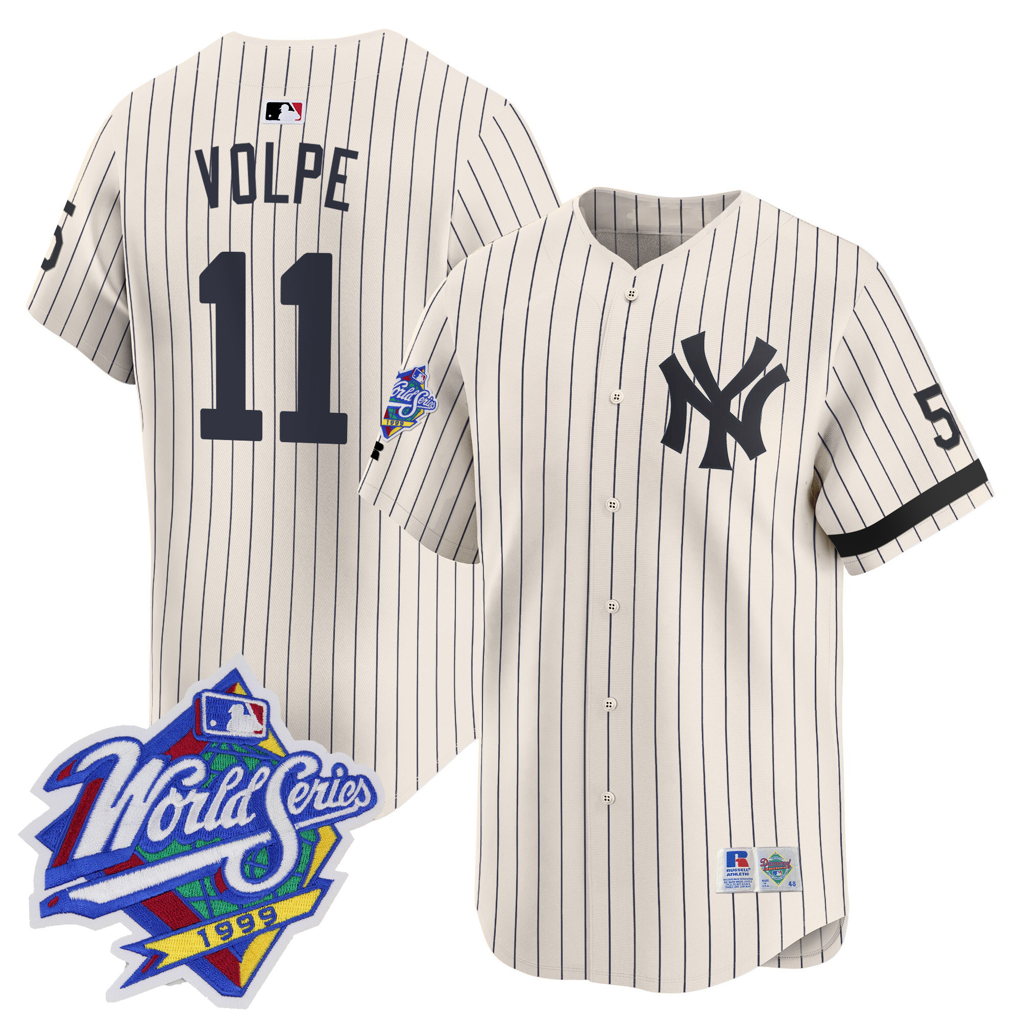 Men's Anthony Volpe New York Yankees 1999 Throwback Joe DiMaggio Patch Vapor Premier Limited Cream Pinstripe Jersey - All Stitched