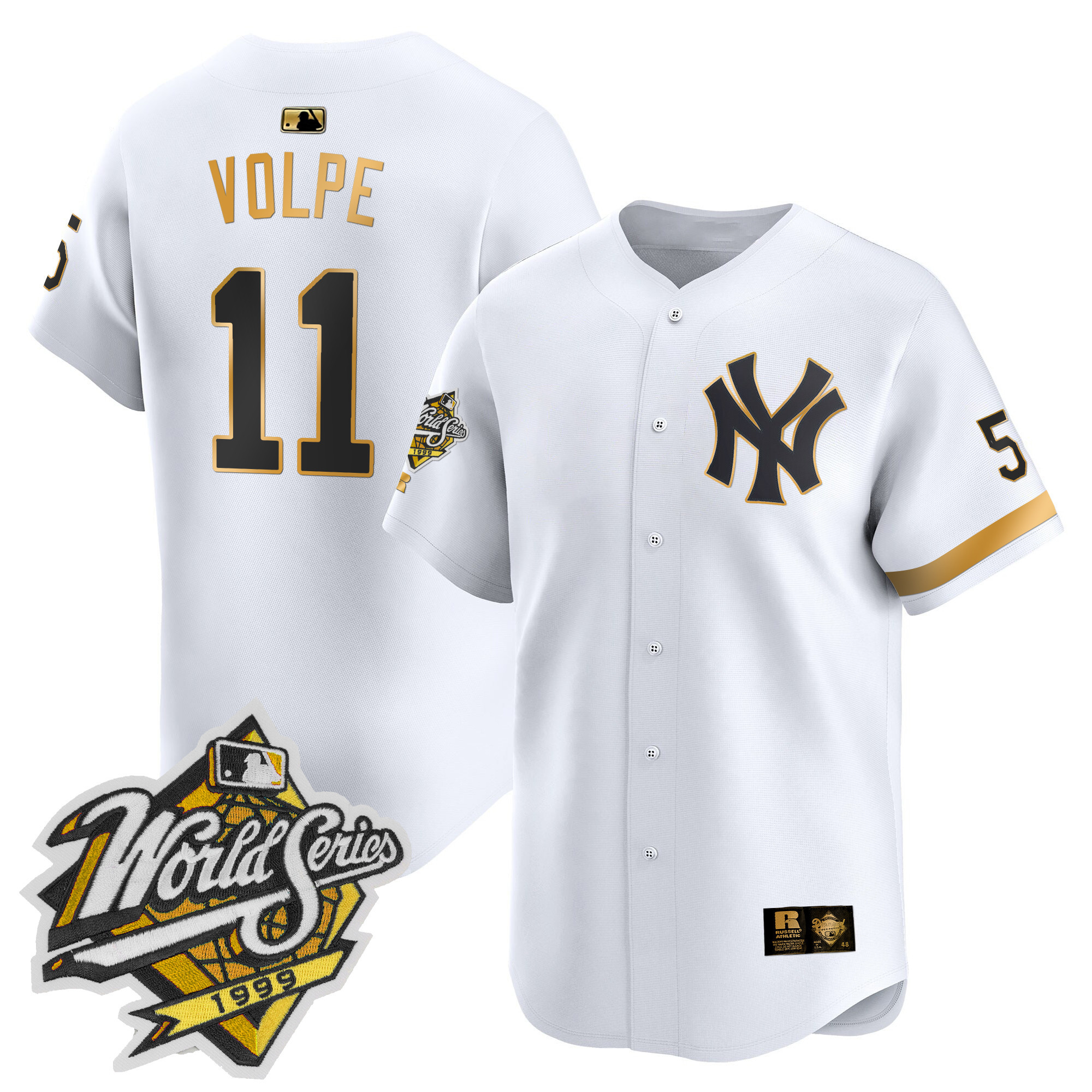 Men's Anthony Volpe New York Yankees 1999 Throwback Joe DiMaggio Patch Vapor Premier Limited White Gold Jersey - All Stitched