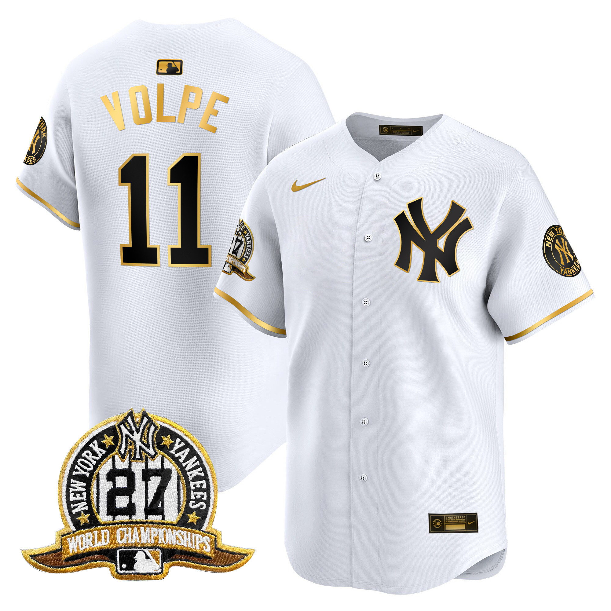 Men's Anthony Volpe New York Yankees 27 Time Champions Patch Vapor Premier Limited White Gold Jersey - All Stitched