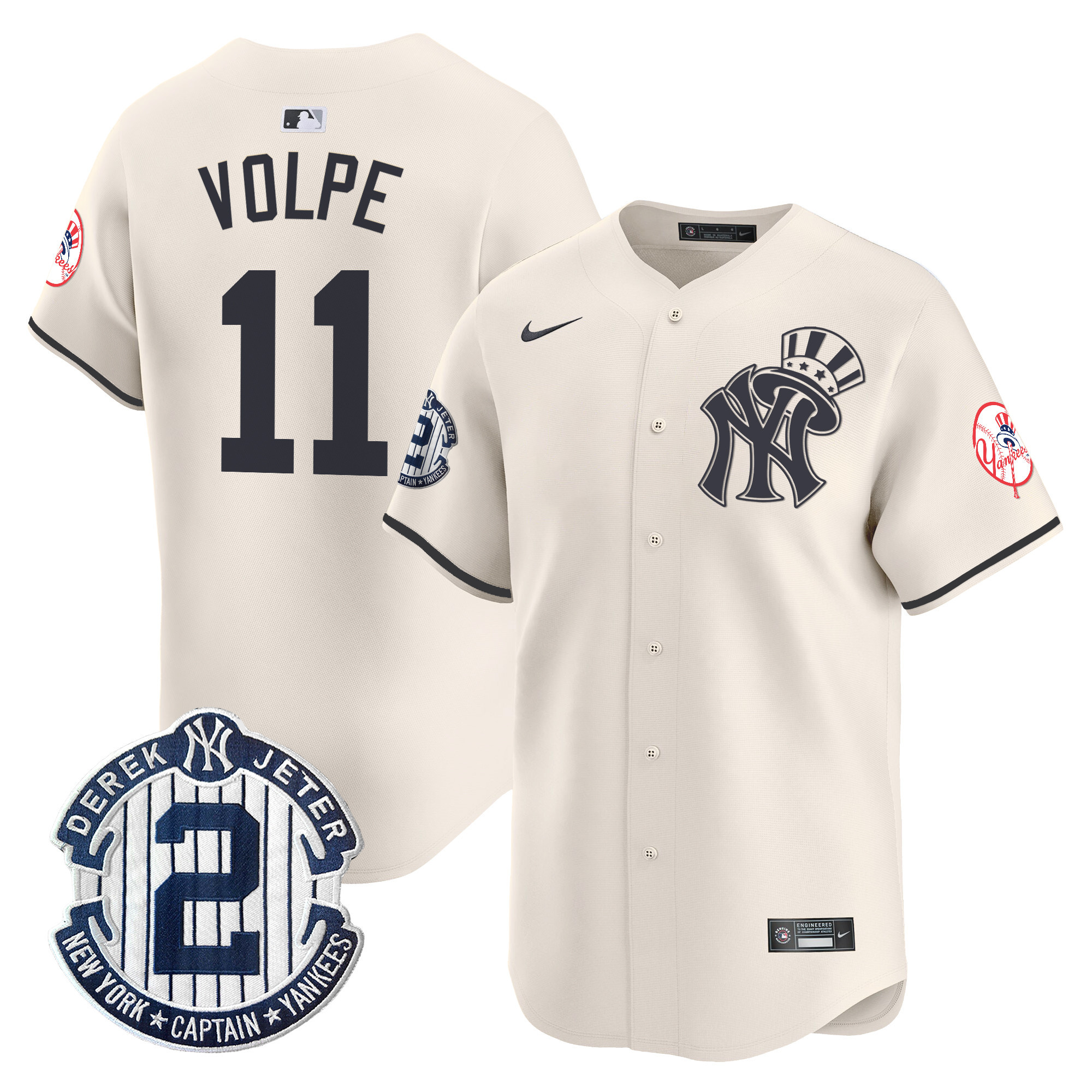 Men's Anthony Volpe New York Yankees Derek Jeter Patch Vapor Premier Limited Cream Jersey V2 - All Stitched