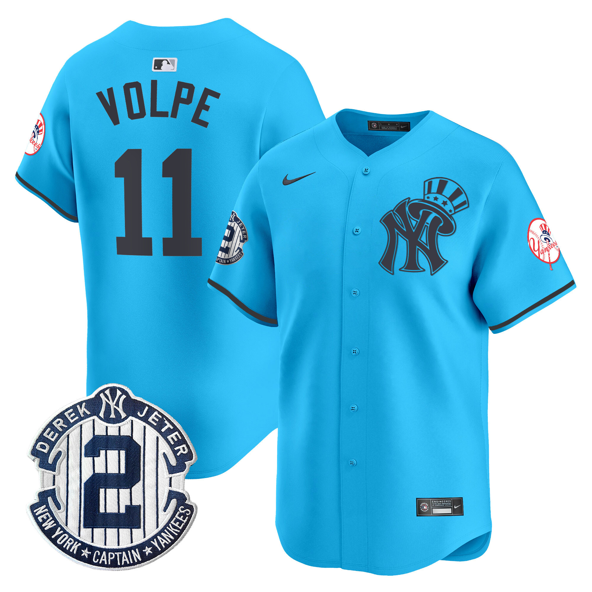 Men's Anthony Volpe New York Yankees Derek Jeter Patch Vapor Premier Limited Light Blue Jersey V2 - All Stitched