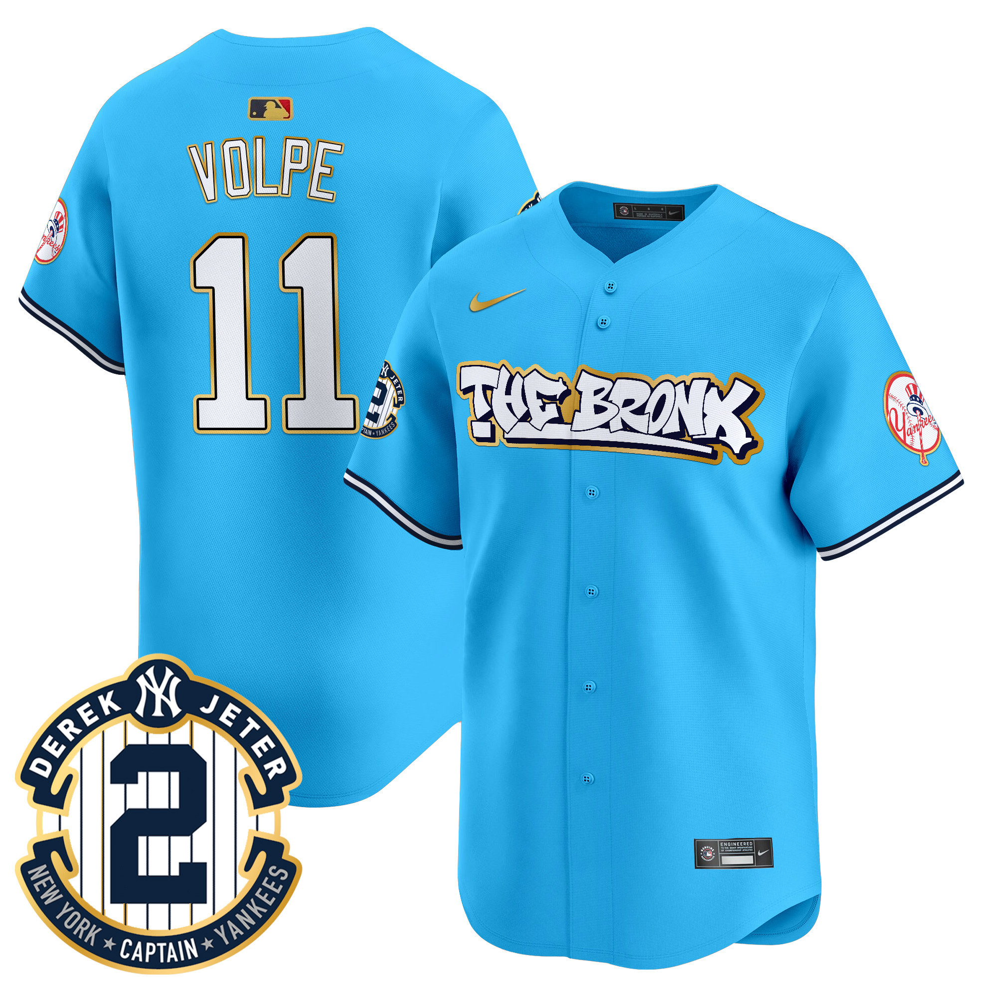 Men's Anthony Volpe New York Yankees The Bronx Graffiti Gold Trim Vapor Premier Limited Light Blue Jersey - All Stitched