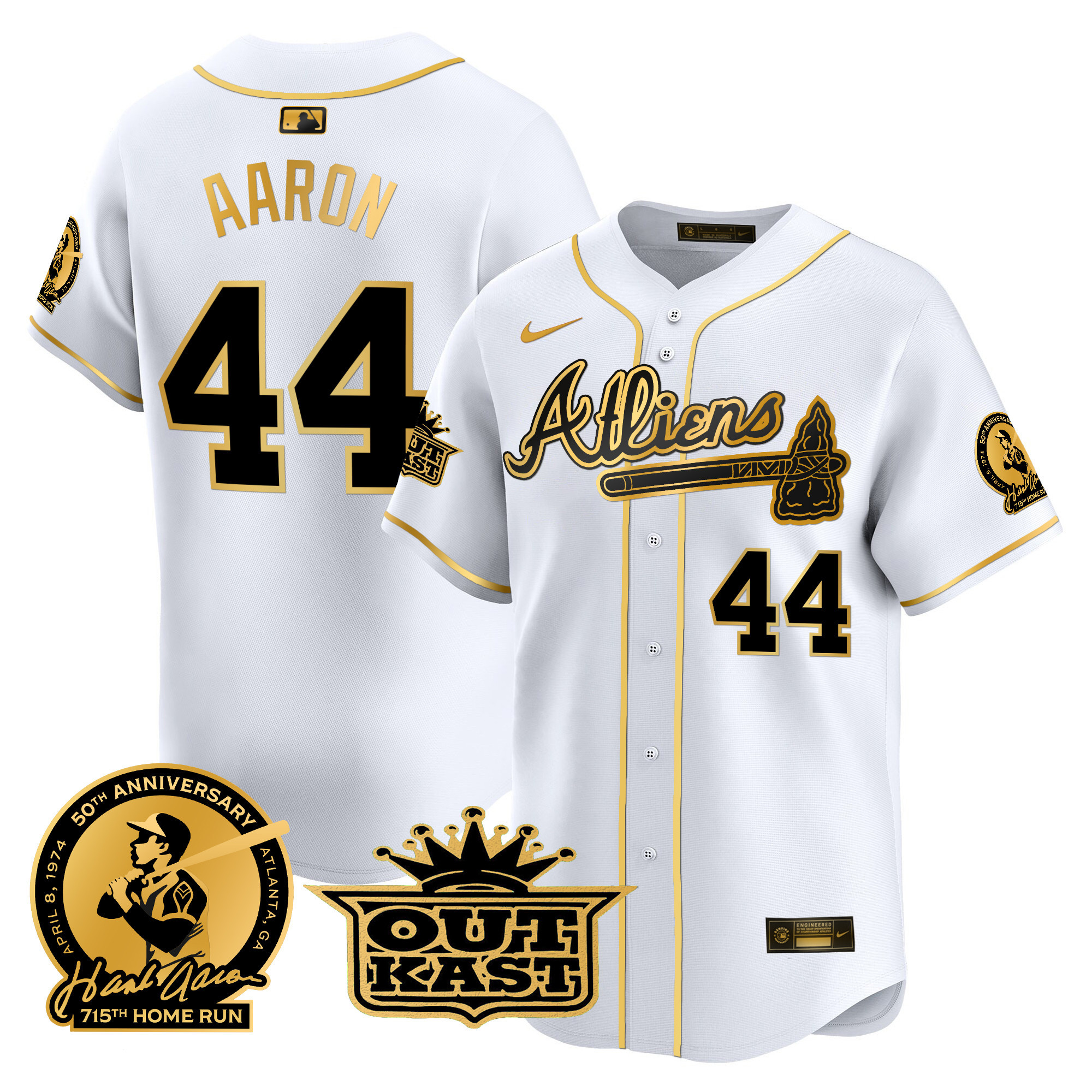 Men's Atlanta Braves Atliens & Hank Aaron Patch Vapor Premier Limited White Gold Jersey - All Stitched
