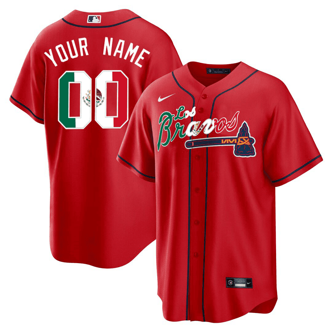 Men's Atlanta Braves Los Bravos Special Mexico Edition Custom Red Jersey - All Stitched