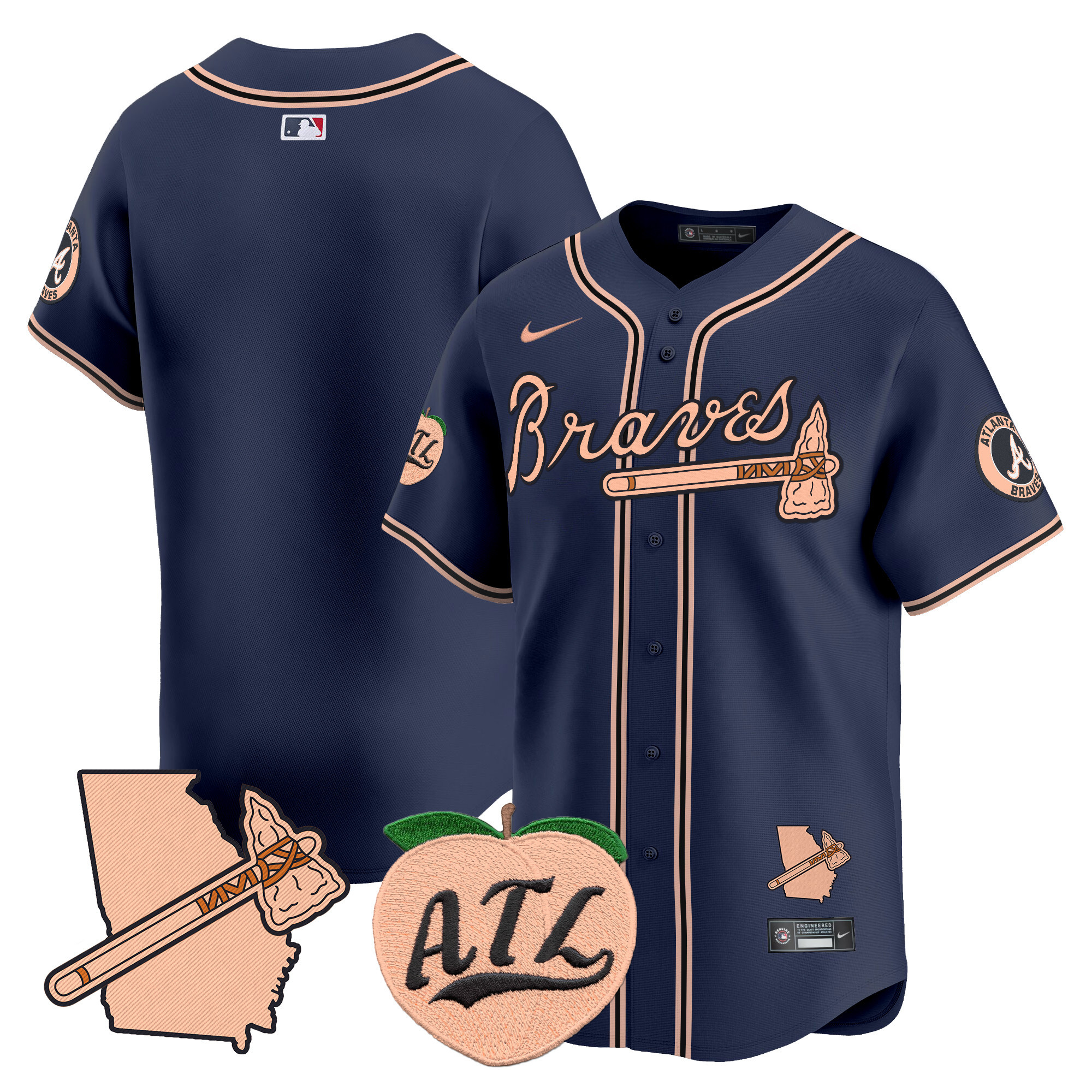 Men's Atlanta Braves Peach Vapor Premier Limited Navy Jersey - All Stitched