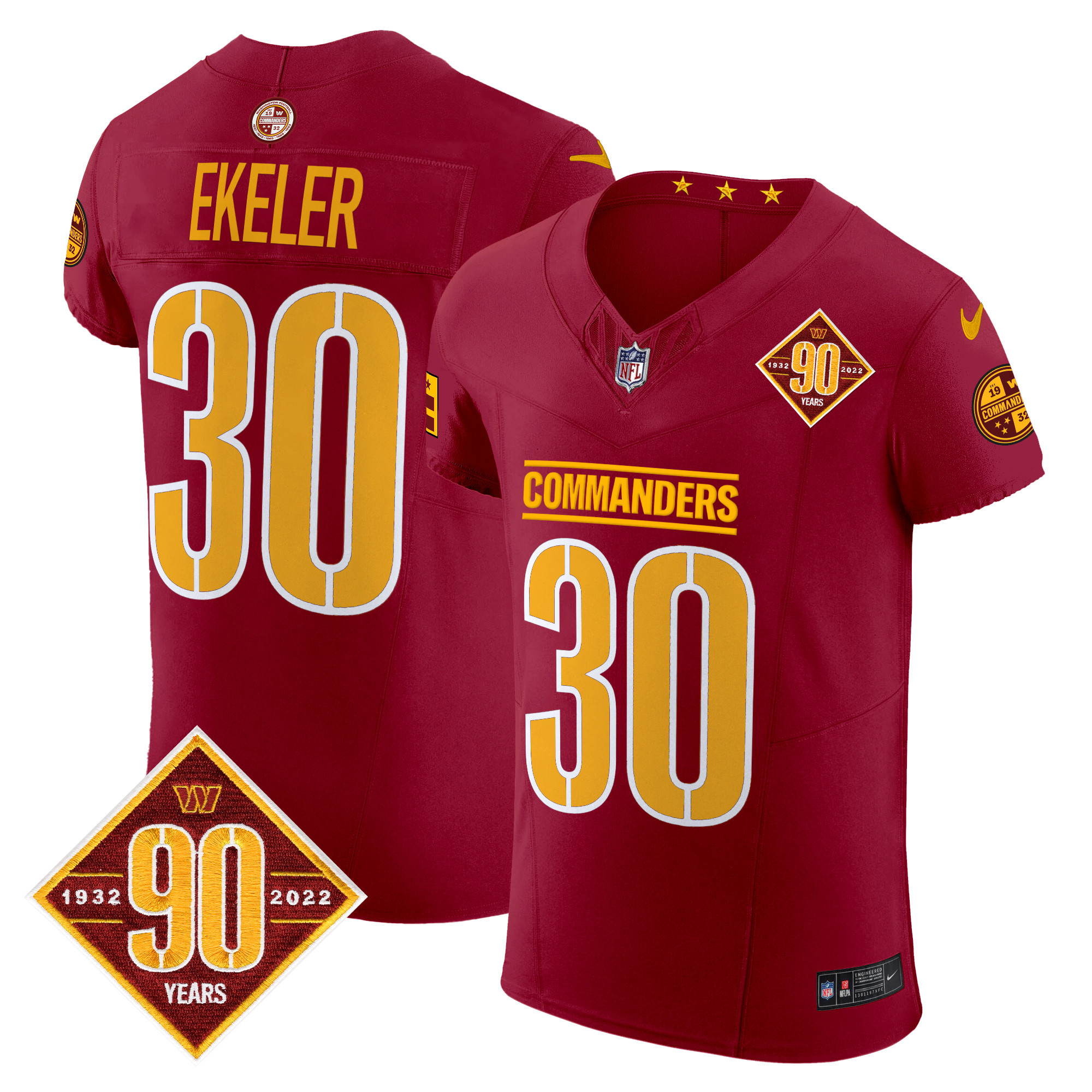 Men's Austin Ekeler Washington Commanders 90th Anniversary Patch Vapor Elite Burgundy Jersey - All Stitched
