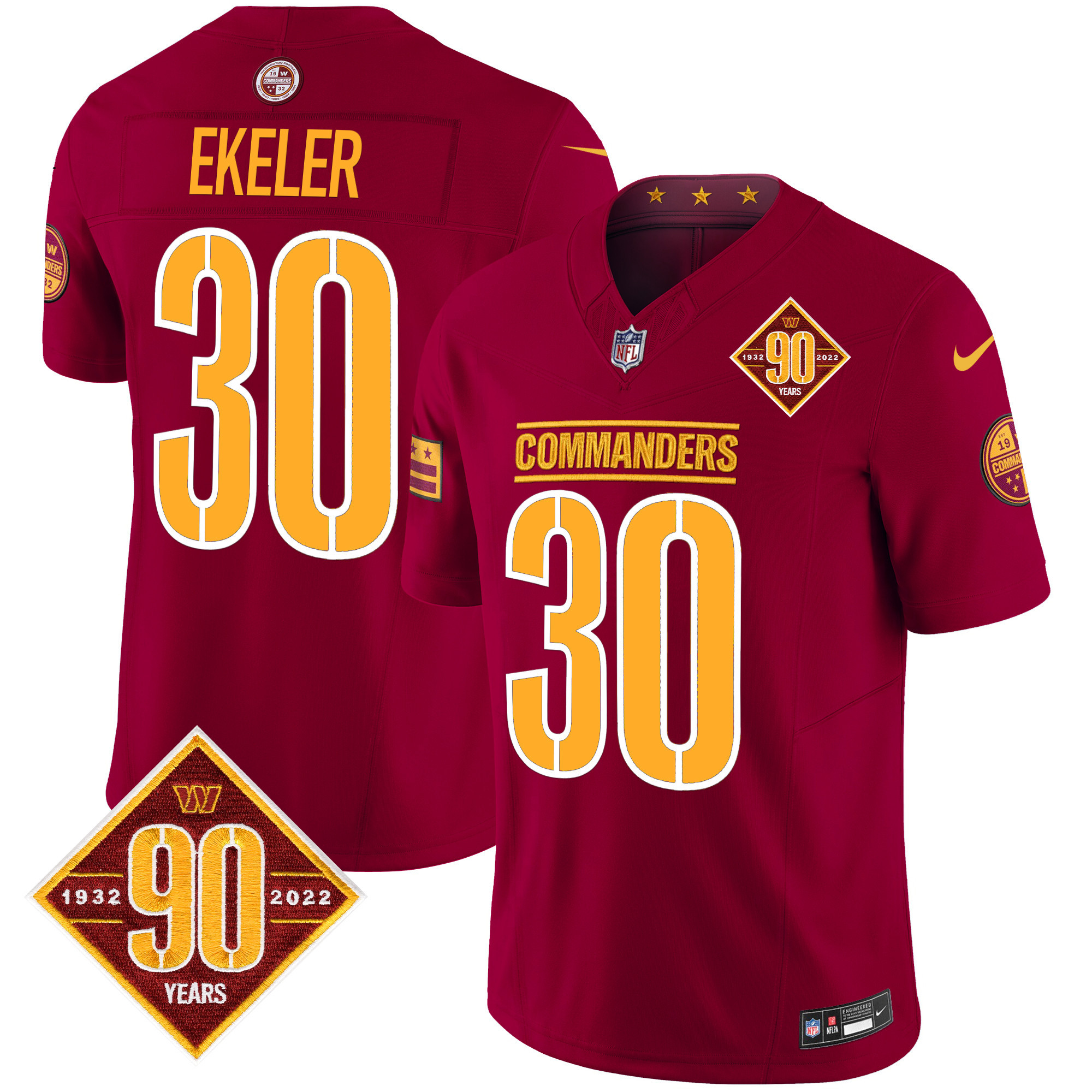 Men's Austin Ekeler Washington Commanders 90th Anniversary Patch Vapor Limited Burgundy Jersey - All Stitched