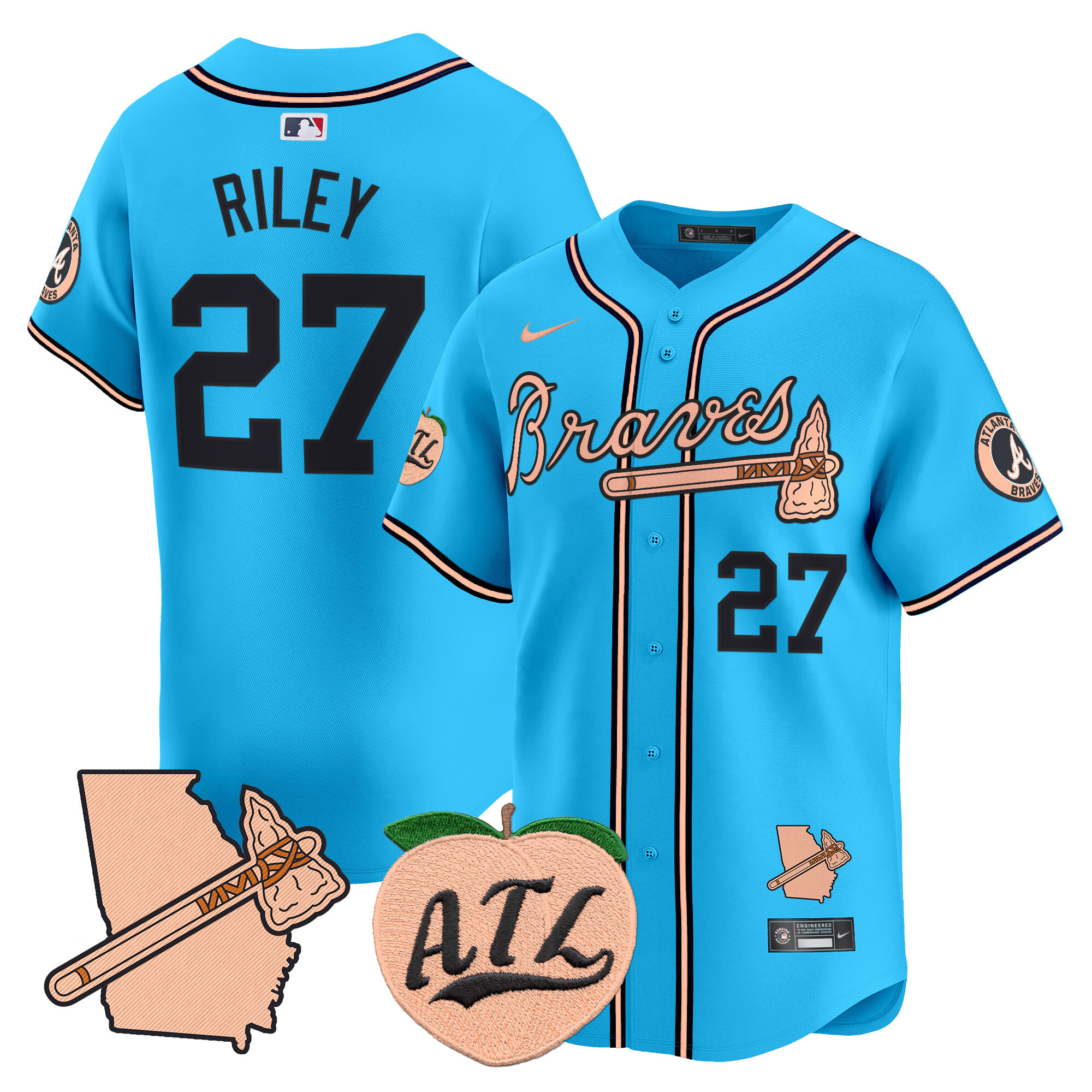 Men's Austin Riley Atlanta Braves Peach Vapor Premier Limited Light Blue Jersey - All Stitched