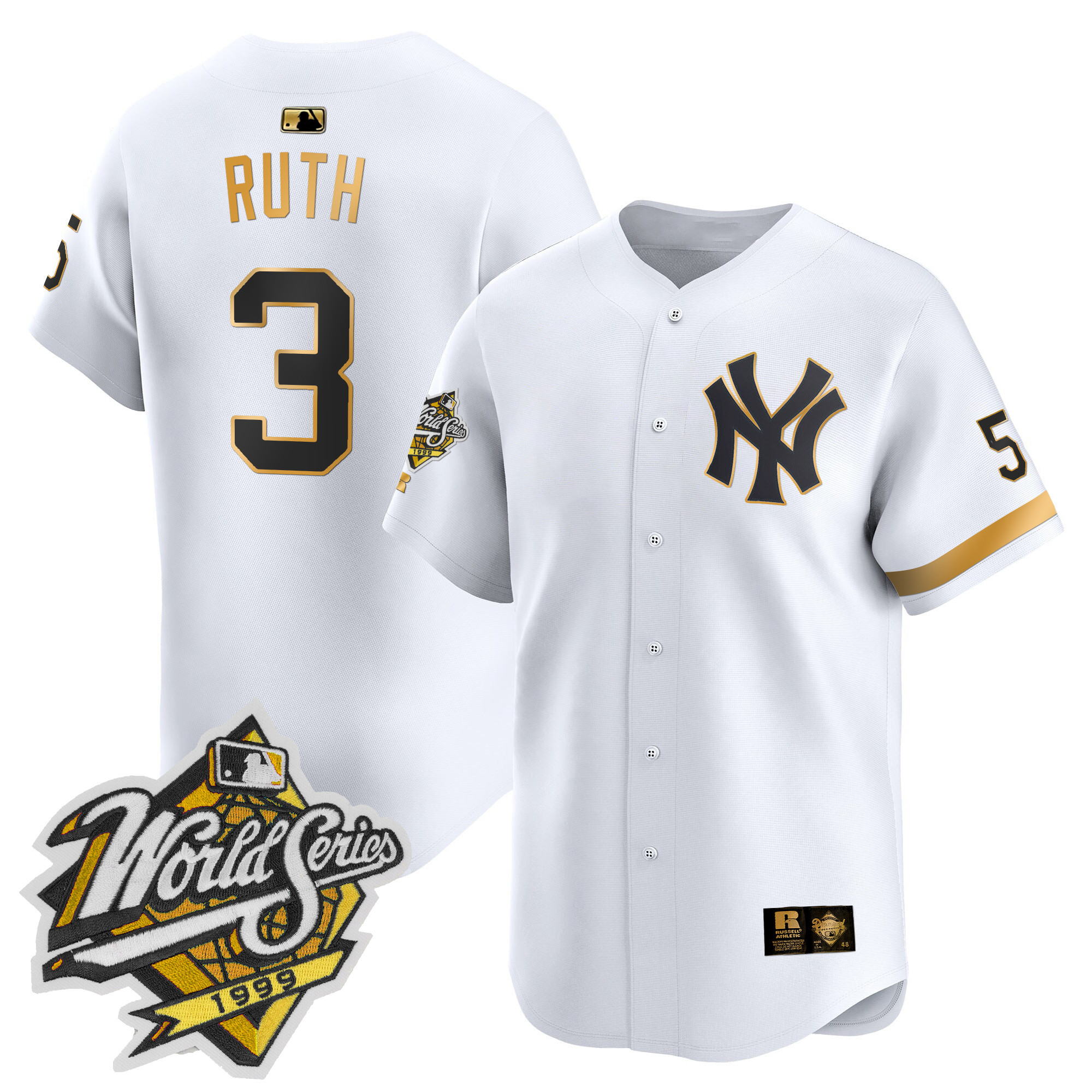 Men's Babe Ruth New York Yankees 1999 Throwback Joe DiMaggio Patch Vapor Premier Limited White Gold Jersey - All Stitched
