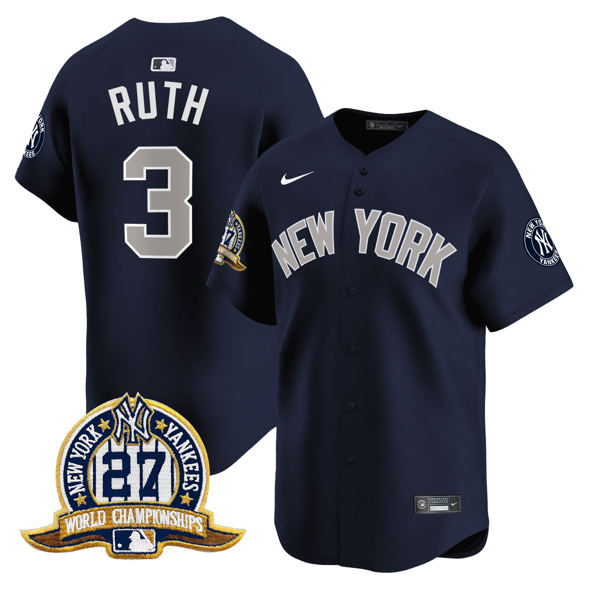 Men's Babe Ruth New York Yankees 27 Time Champions Patch Vapor Premier Limited Alternate Jersey - All Stitched