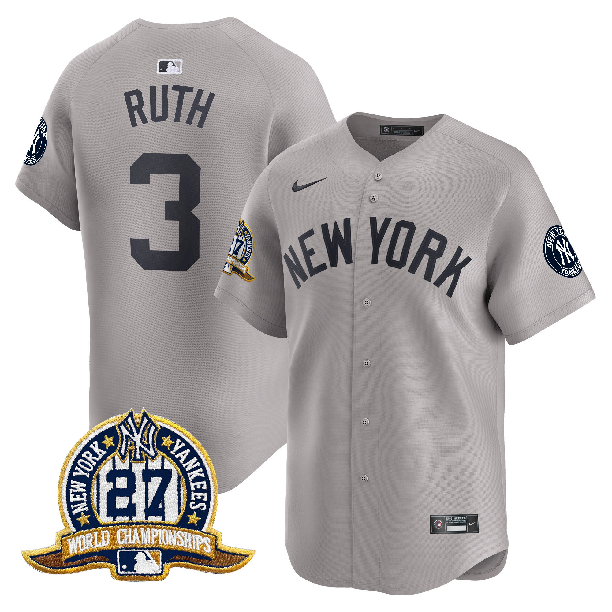 Men's Babe Ruth New York Yankees 27 Time Champions Patch Vapor Premier Limited Gray Jersey - All Stitched