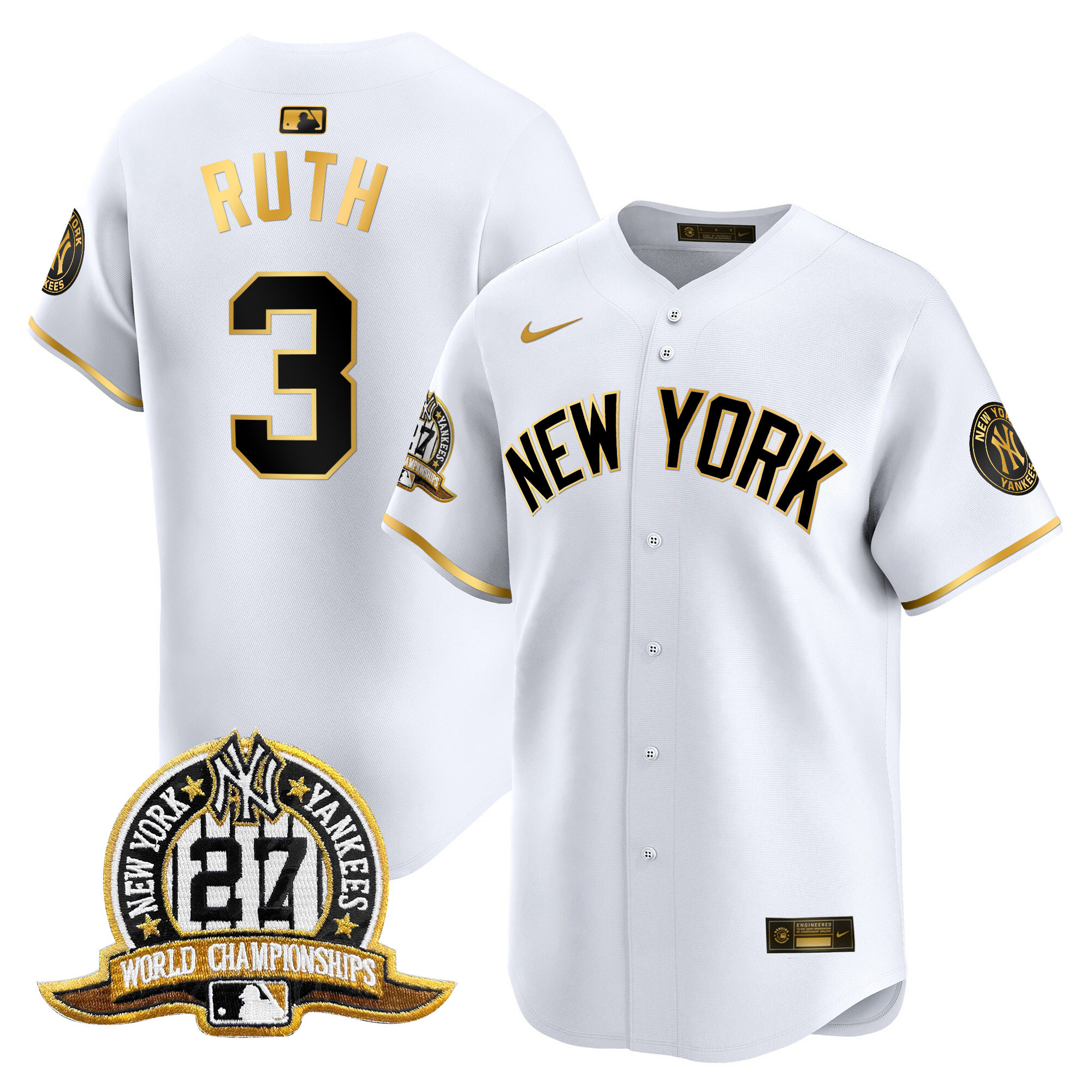 Men's Babe Ruth New York Yankees 27 Time Champions Patch Vapor Premier Limited White Gold Jersey V2 - All Stitched