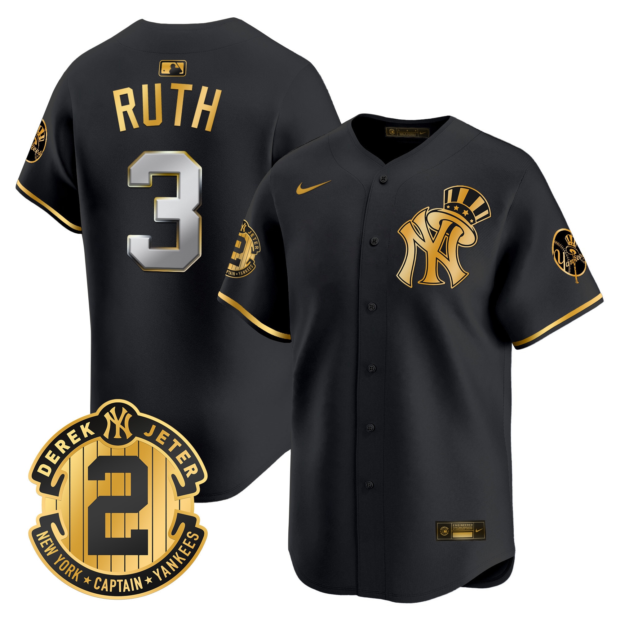 Men's Babe Ruth New York Yankees Derek Jeter Patch Vapor Premier Limited Black Gold Jersey V2 - All Stitched