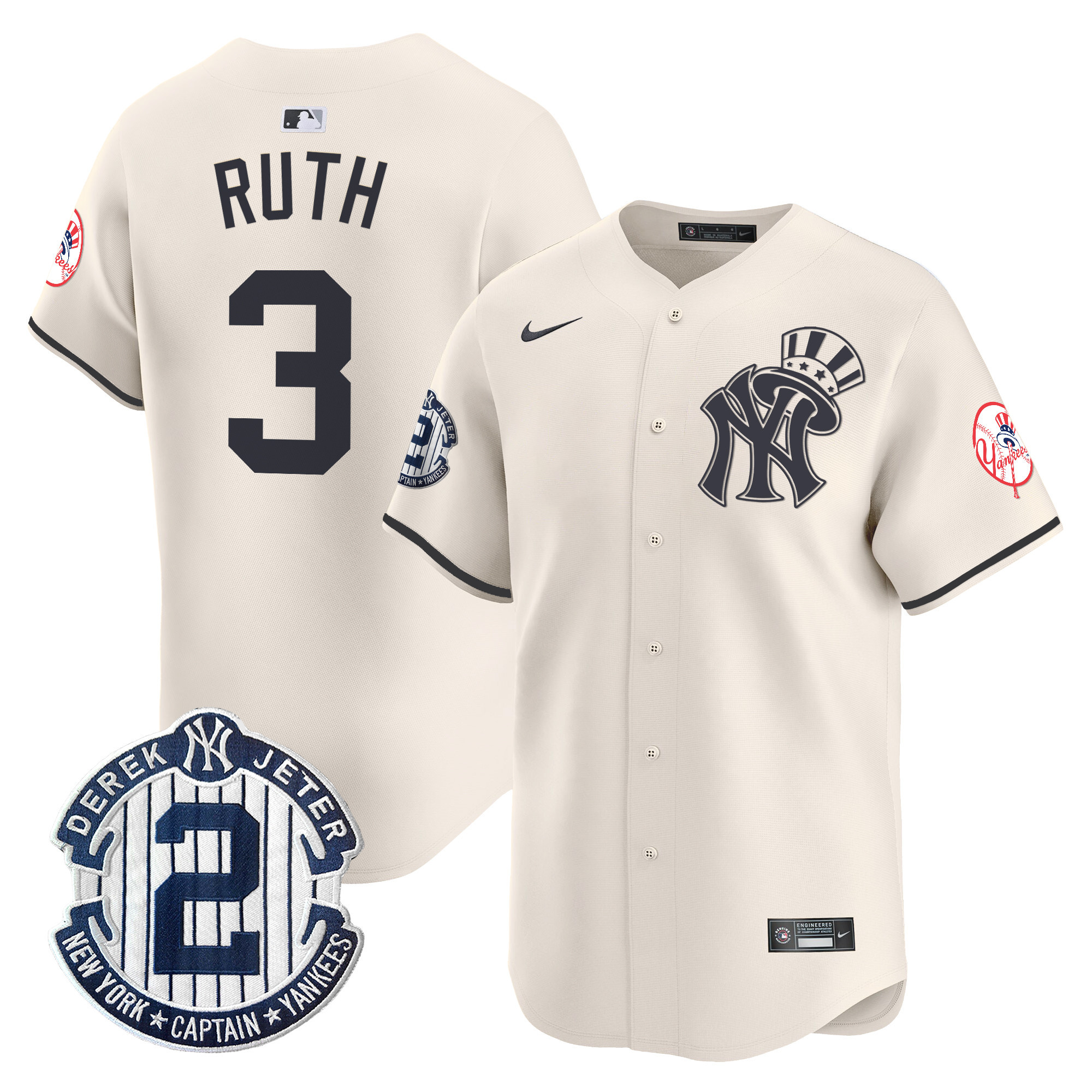 Men's Babe Ruth New York Yankees Derek Jeter Patch Vapor Premier Limited Cream Jersey V2 - All Stitched